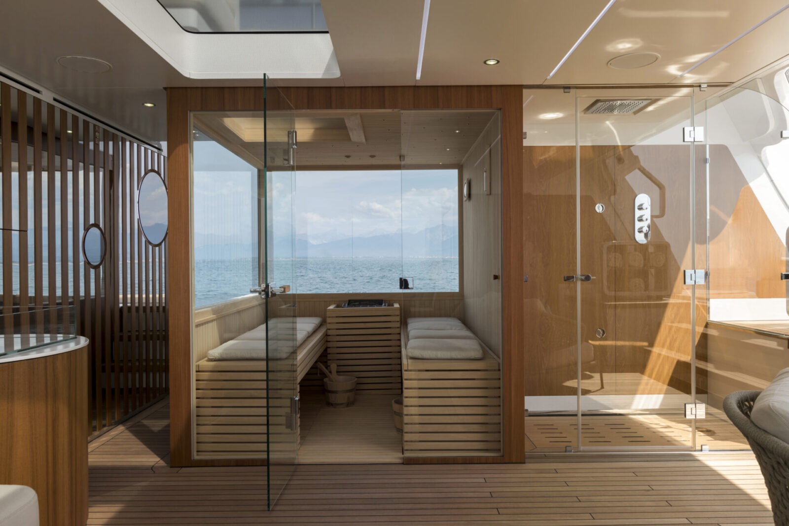 Yacht sauna interior with ocean view.