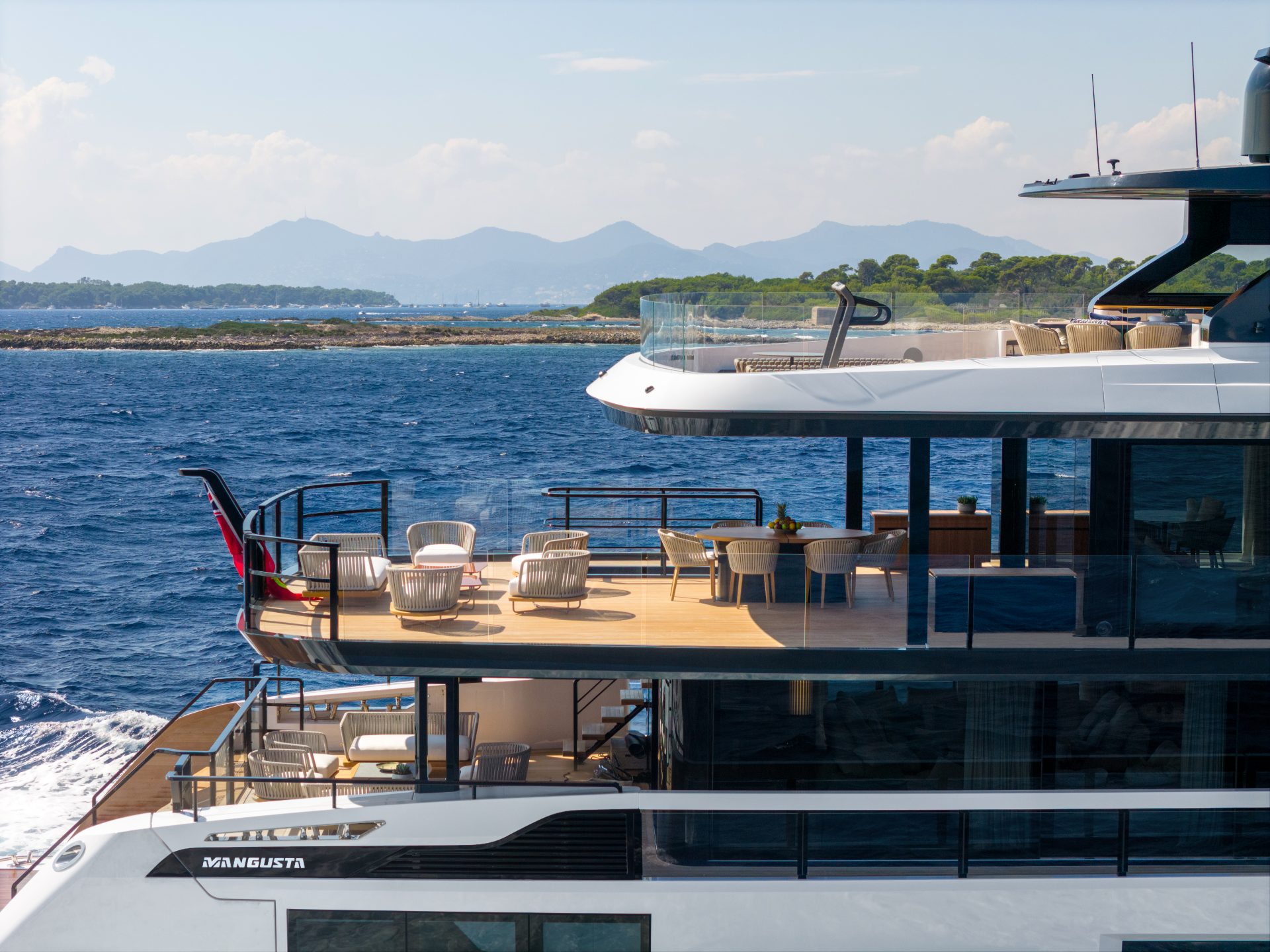 Luxurious Mangusta Yachts deck with ocean view