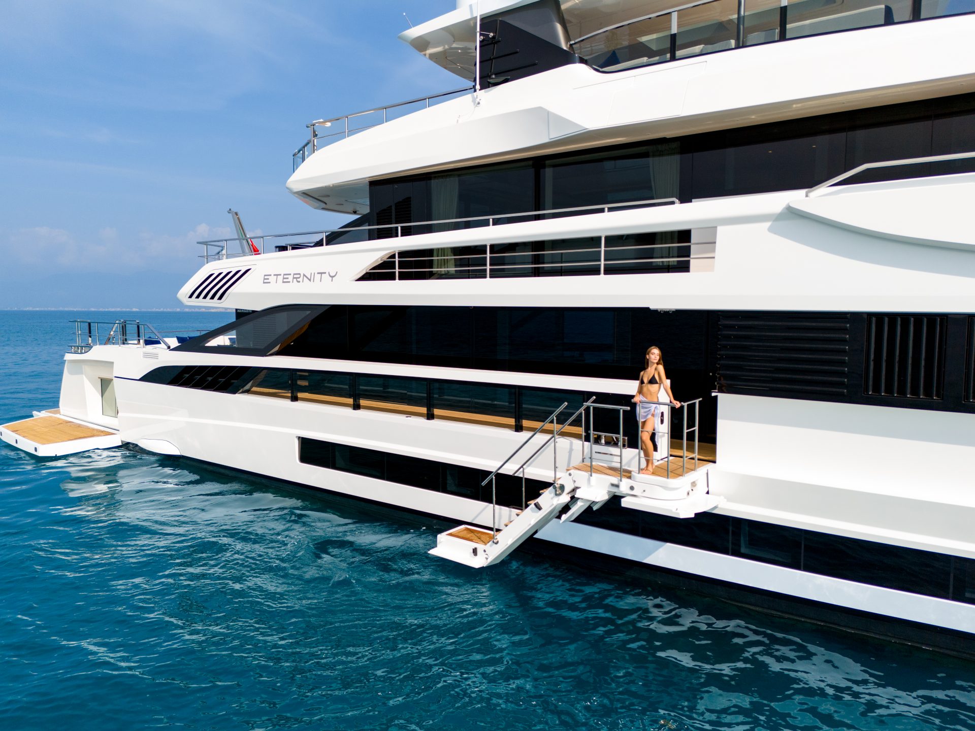 Mangusta yacht Eternity on open sea with woman onboard