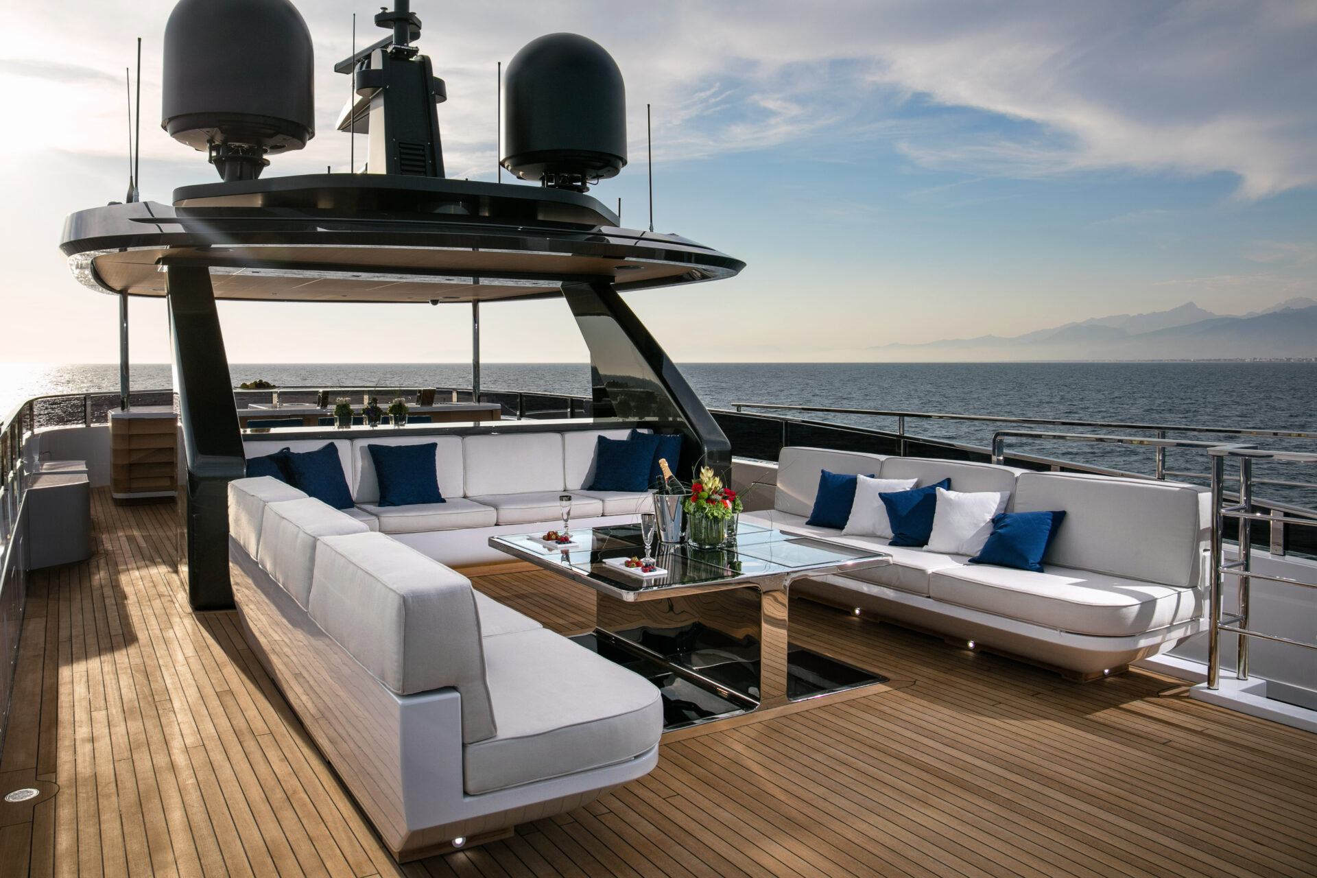 Luxurious Mangusta Yachts deck with sea view