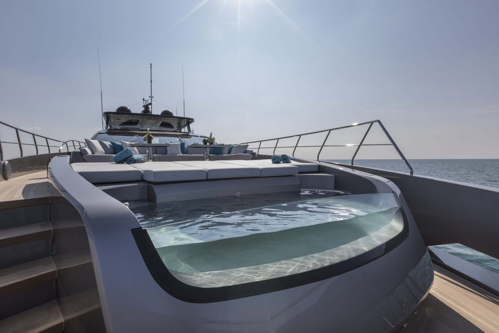 Luxurious yacht sundeck with jacuzzi, ocean view