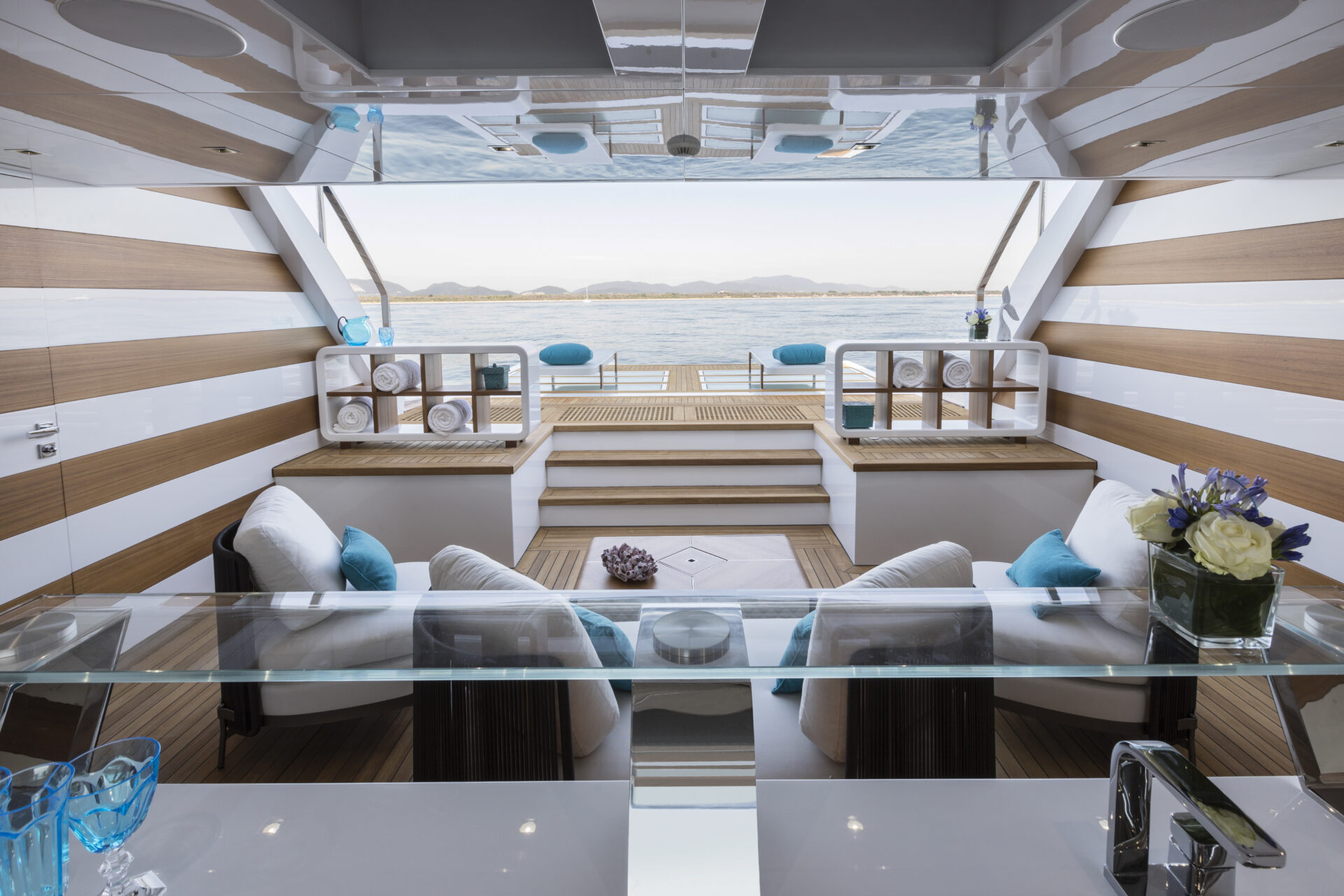 Luxurious yacht lounge with sea view