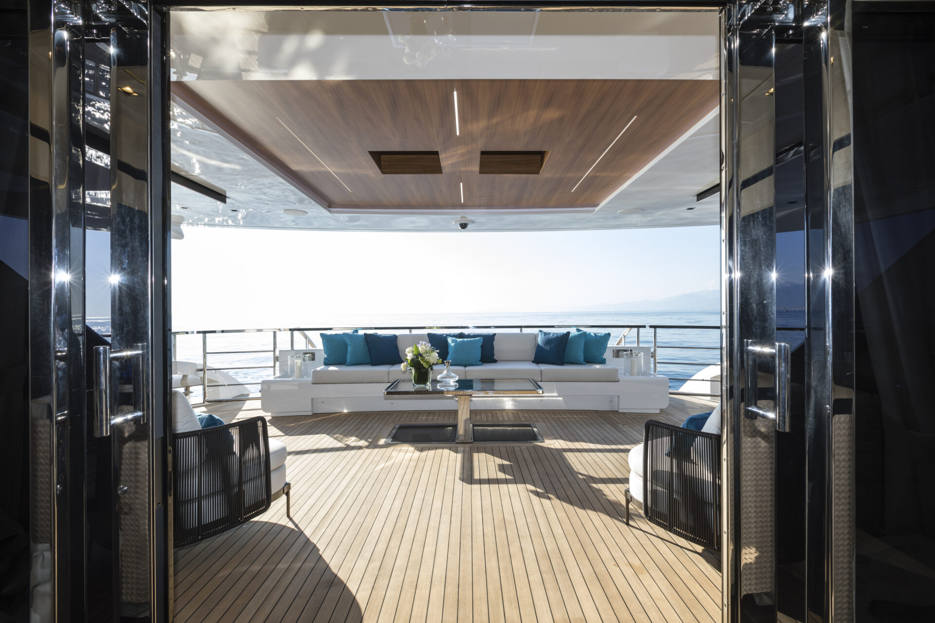 Luxurious Mangusta yacht aft deck lounge
