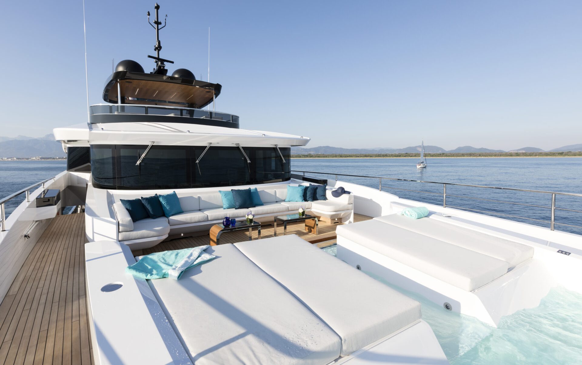 Luxurious deck view on Mangusta Yacht at sea