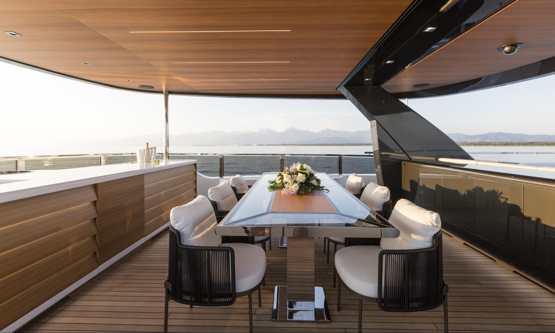Luxury yacht deck with elegant dining area
