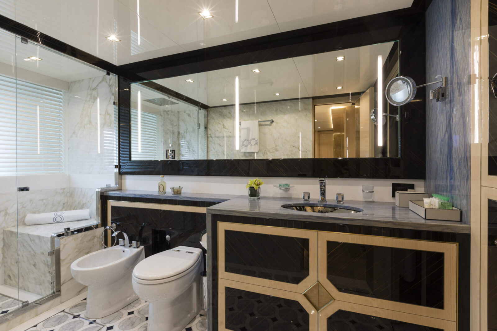 Luxury yacht bathroom with marble accents