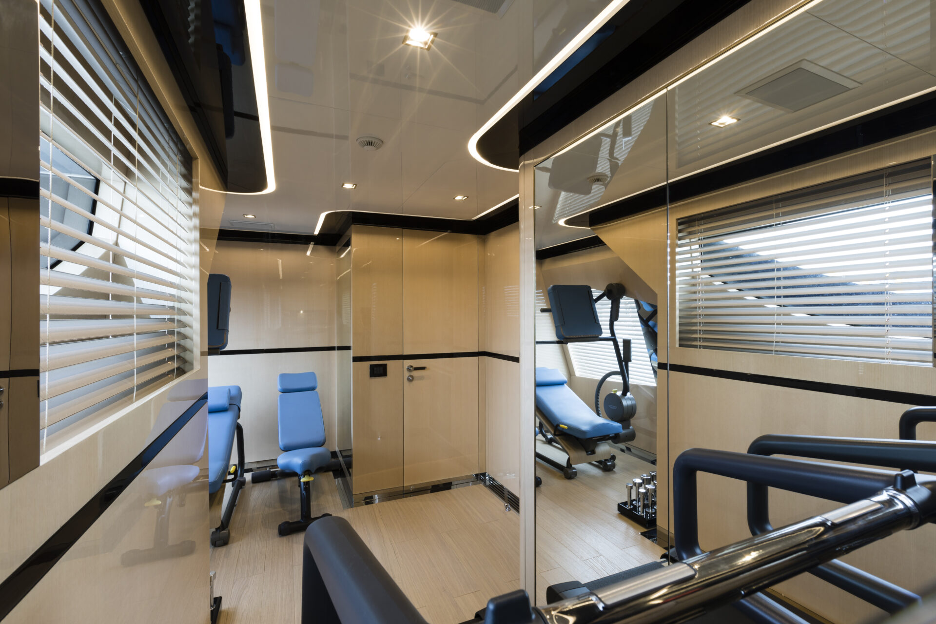 Luxury yacht gym with modern equipment