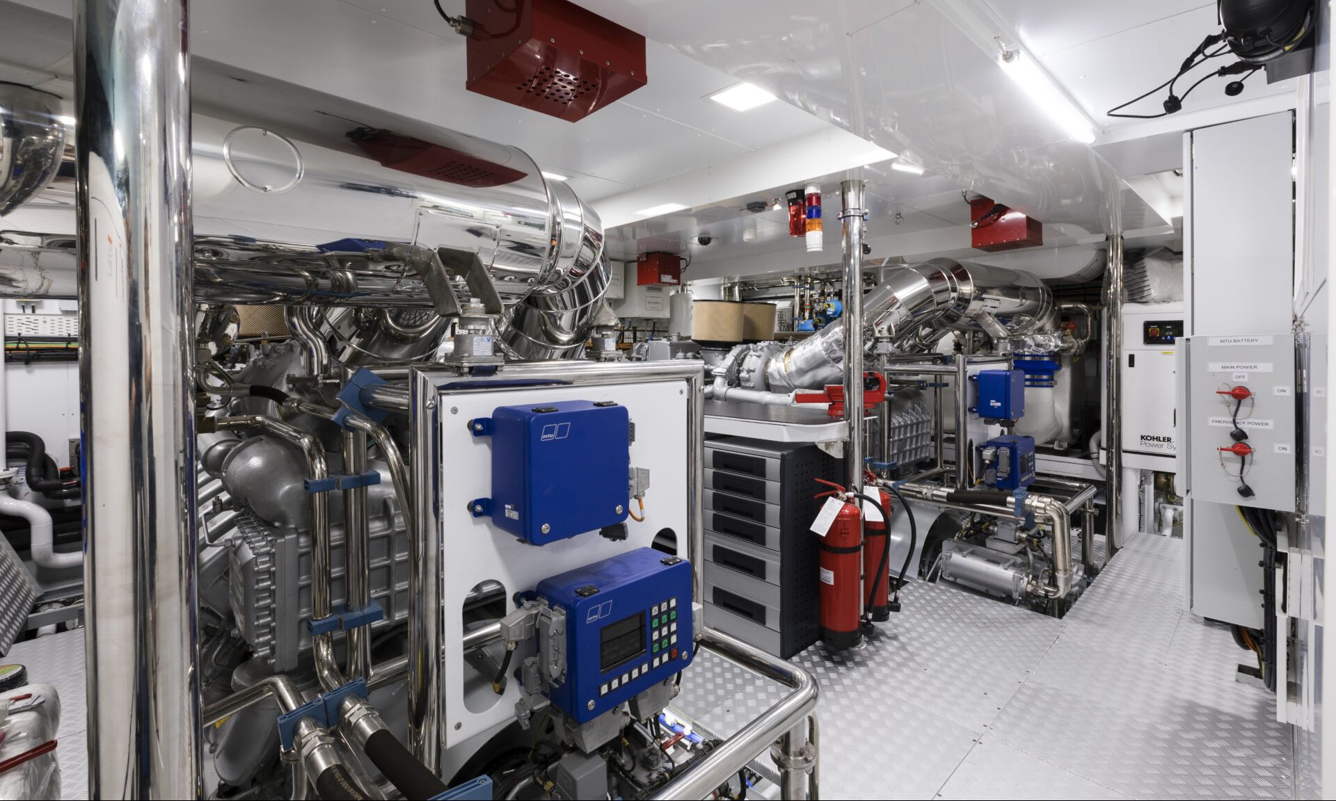 Mangusta Yachts engine room with high-tech equipment