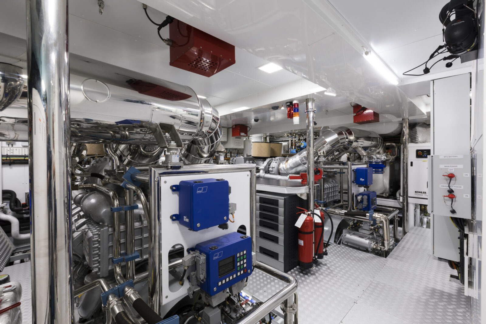 Yacht engine room with machinery and controls