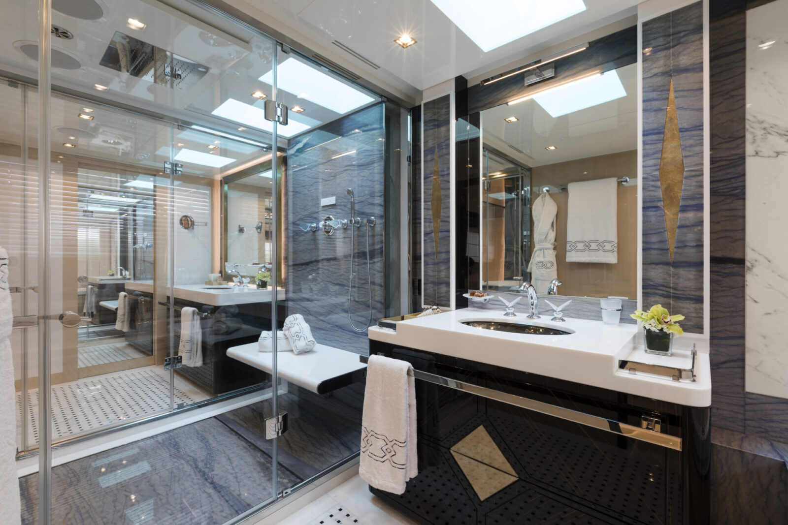 Luxurious bathroom interior on Mangusta Yacht.