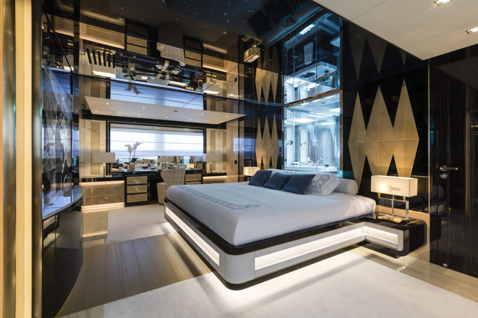 Luxurious bedroom in Mangusta Yachts interior