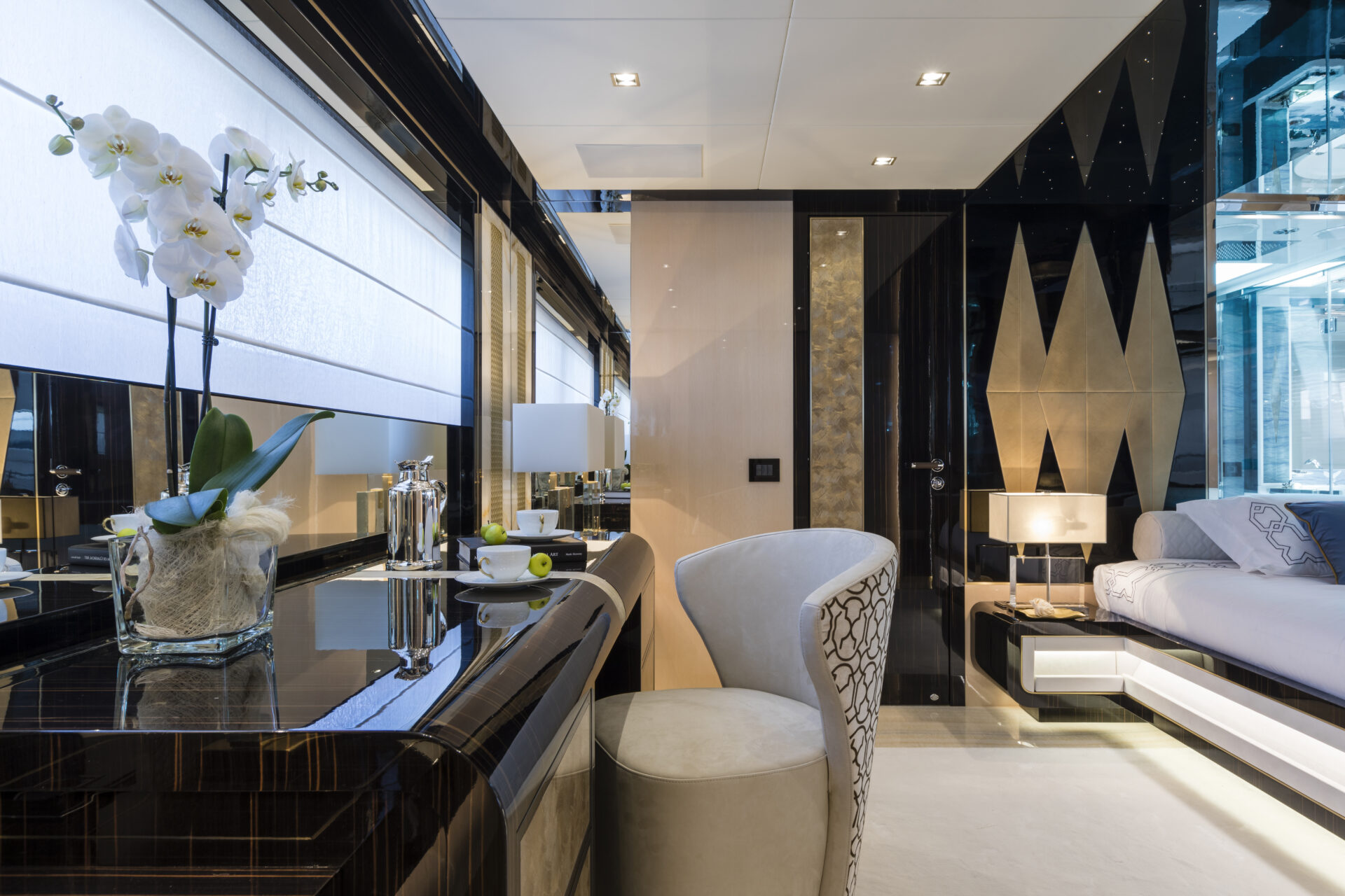 Luxurious Mangusta yacht interior design.