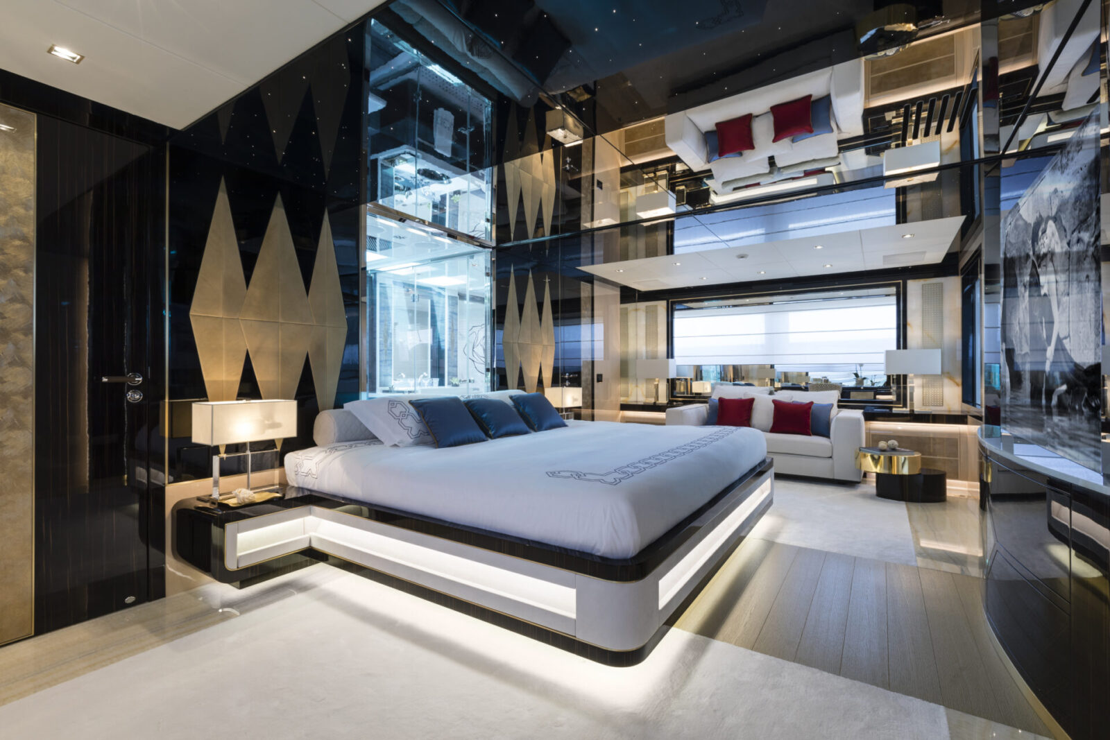 Luxurious Mangusta yacht master bedroom interior