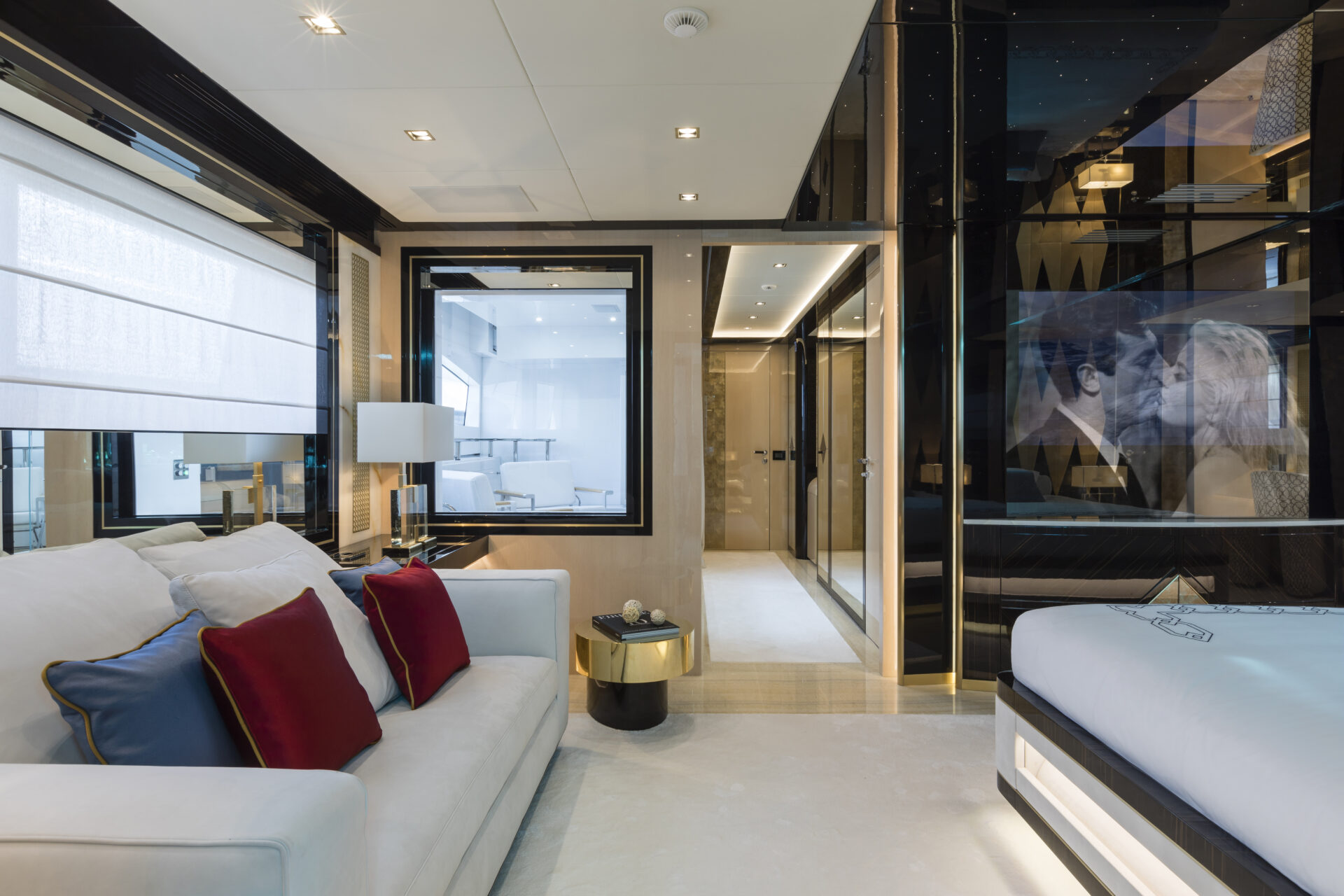 Luxurious yacht interior with modern decor.