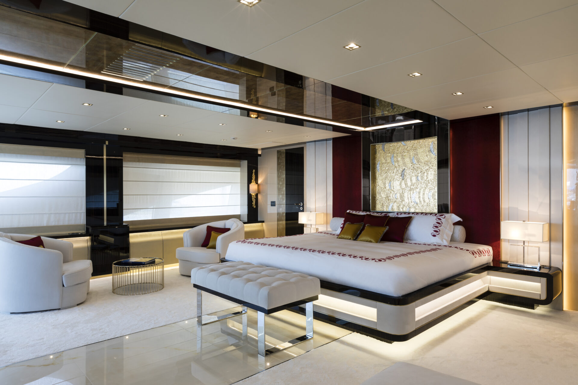 Luxurious yacht master bedroom with modern decor