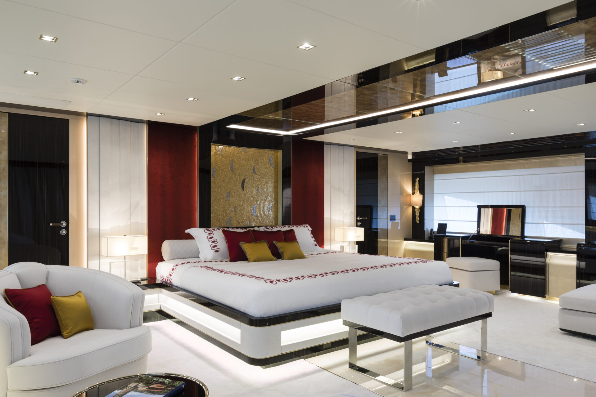 Luxurious bedroom interior on Mangusta yacht