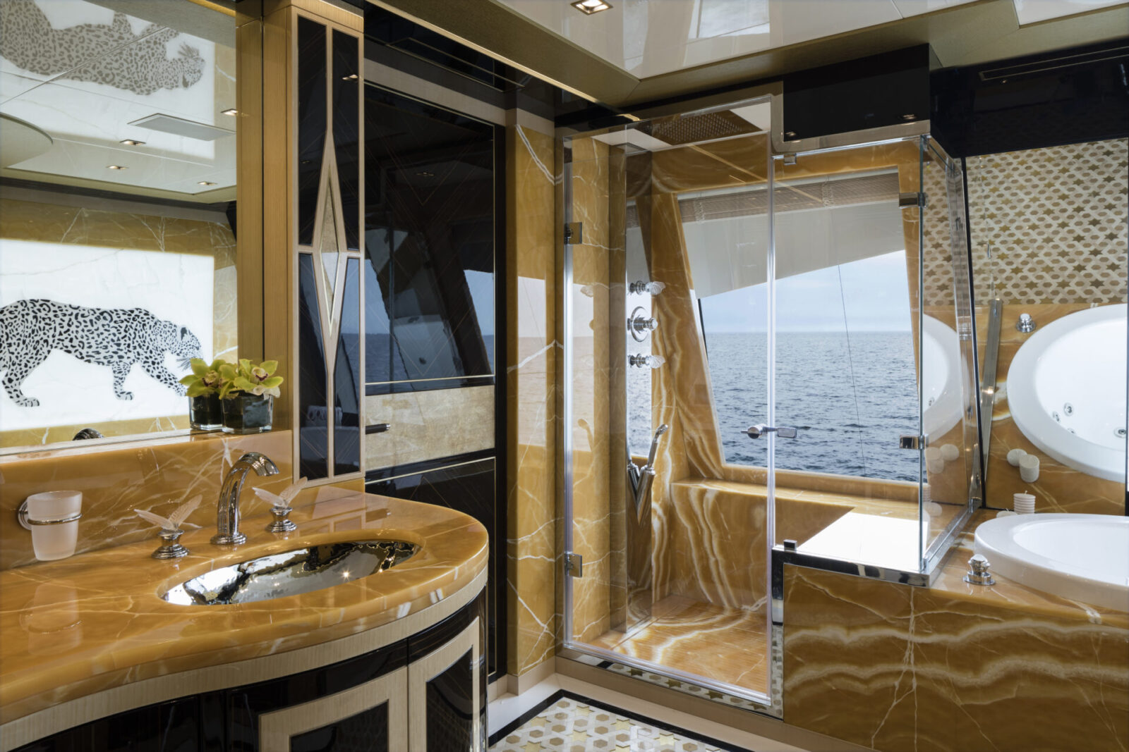 Luxury yacht bathroom with ocean view.