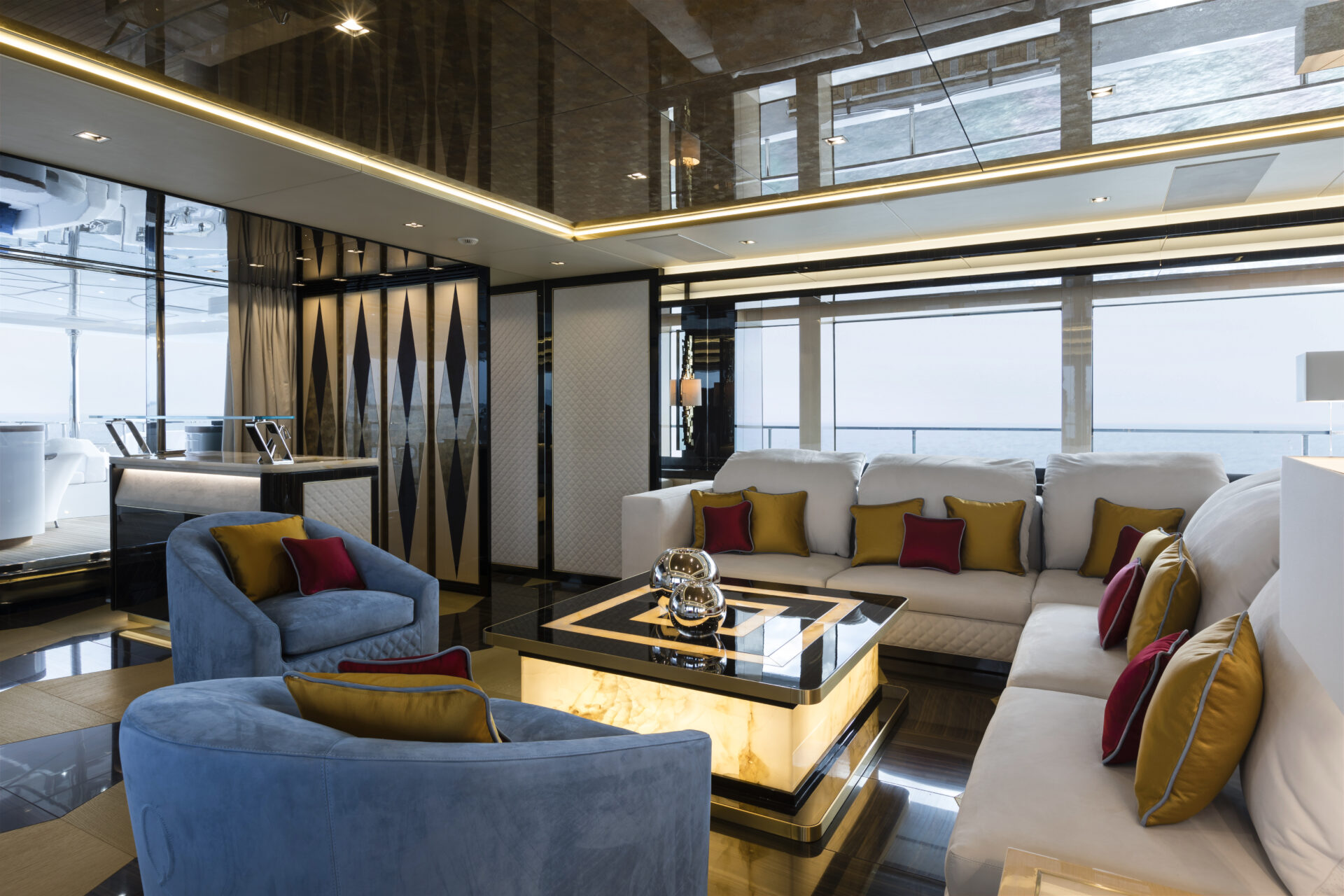 Luxury yacht interior with elegant seating area
