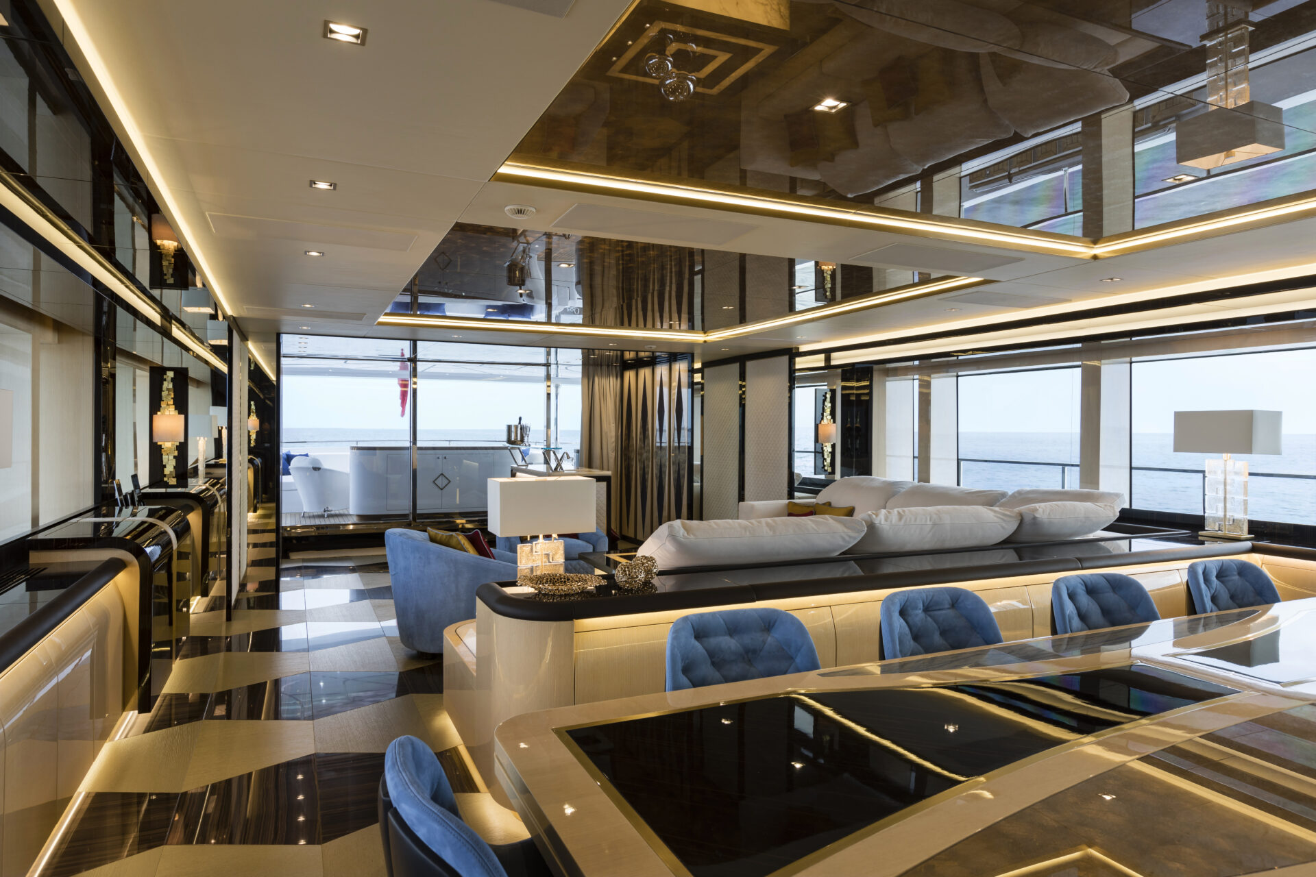 Luxurious Mangusta yacht interior design.