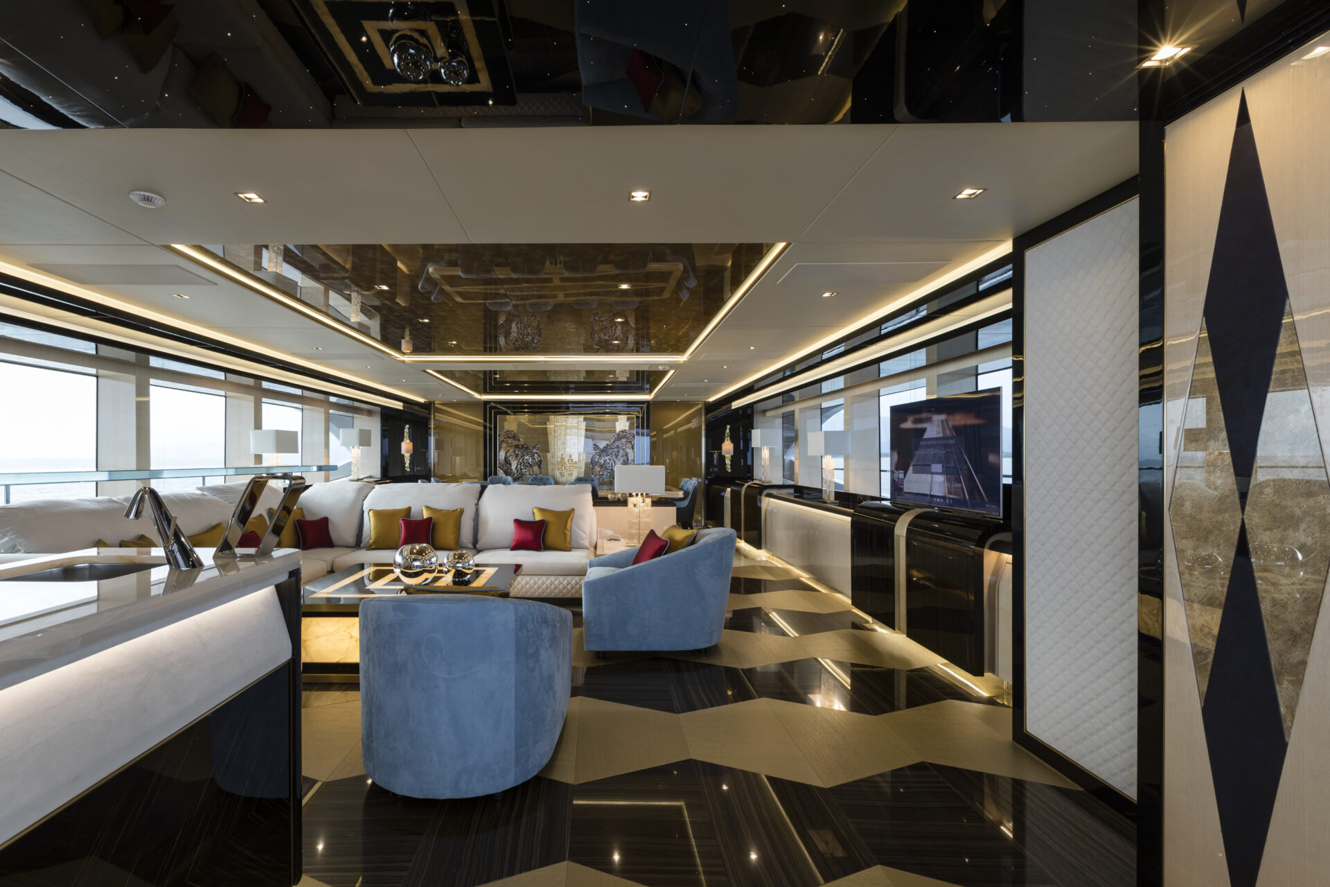 Luxurious interior of Mangusta Yacht lounge.