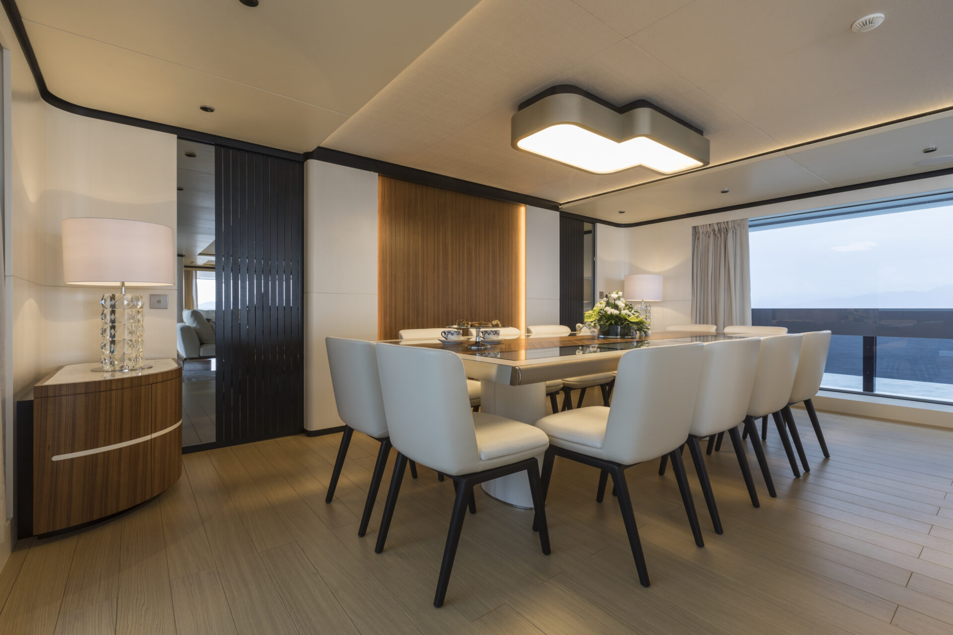 Elegant dining area in luxury Mangusta yacht