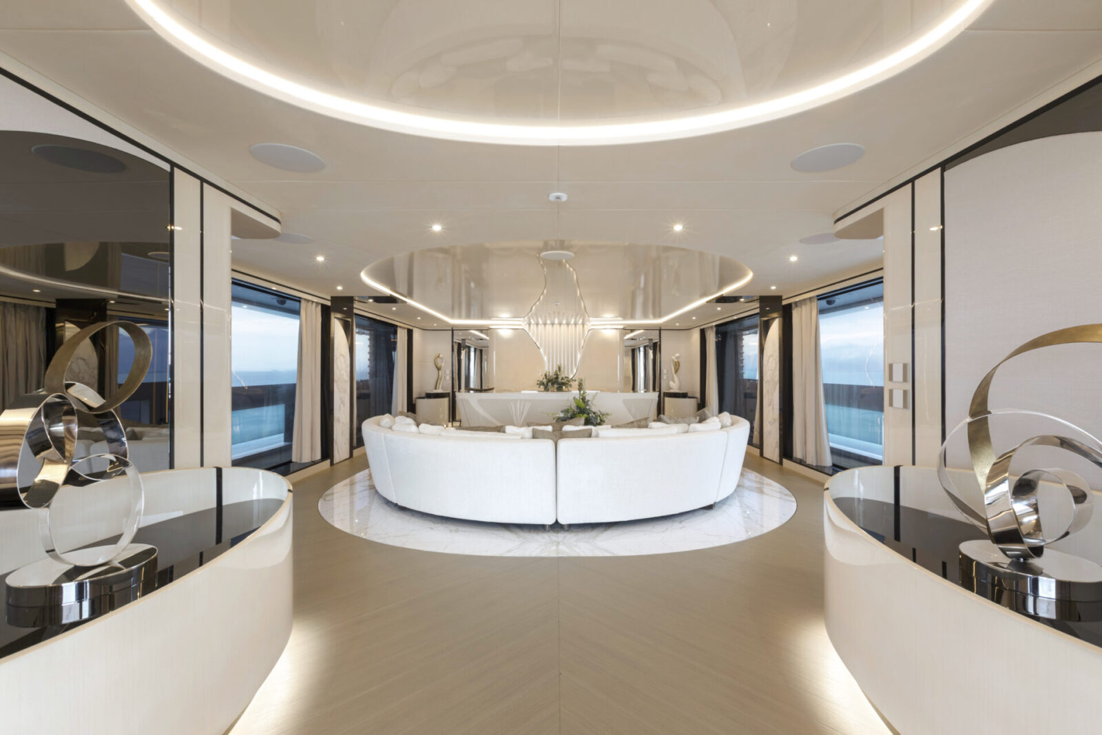 Luxurious interior of Mangusta yacht main salon.