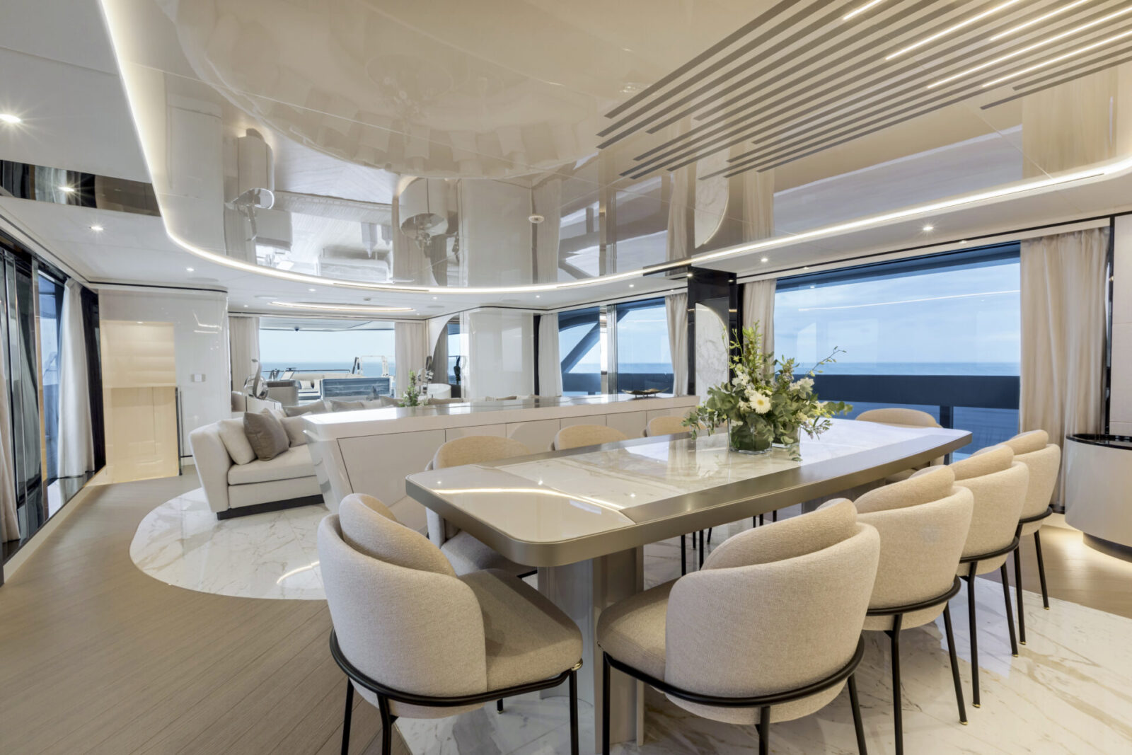 Luxurious dining area on Mangusta yacht interior