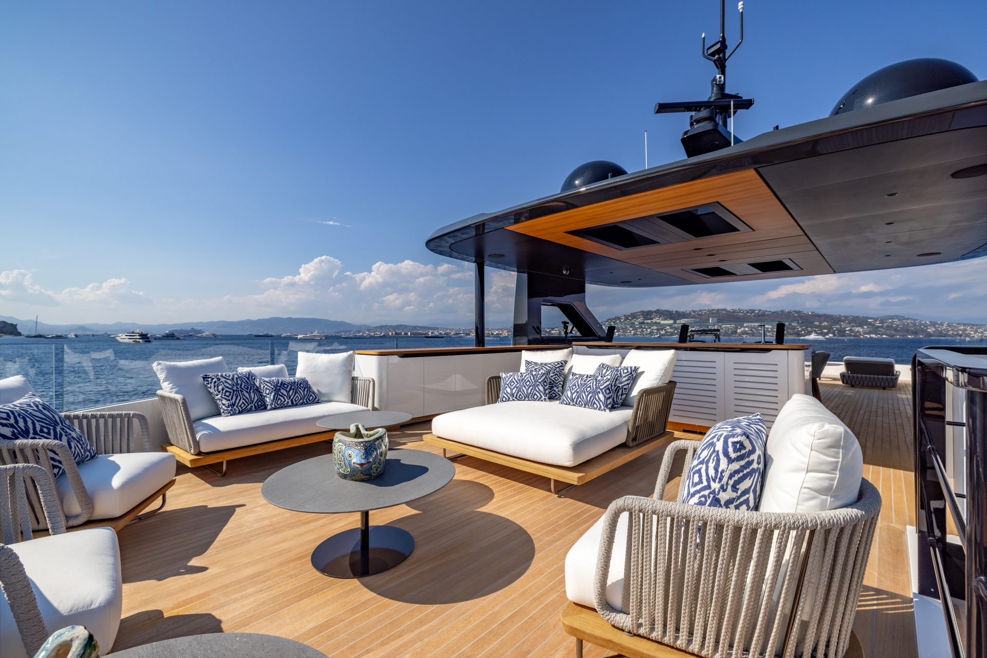 Luxurious deck on Mangusta yacht with ocean view