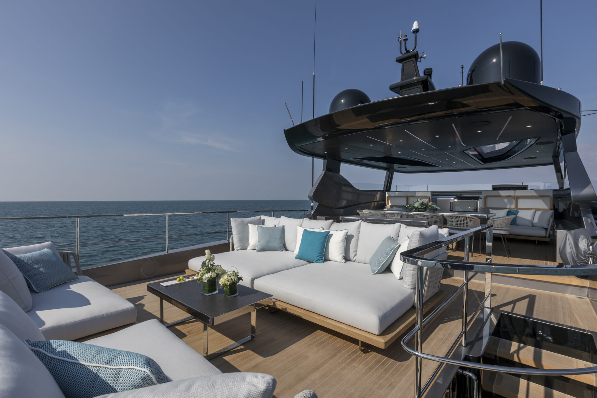 Luxurious deck on Mangusta yacht with ocean view