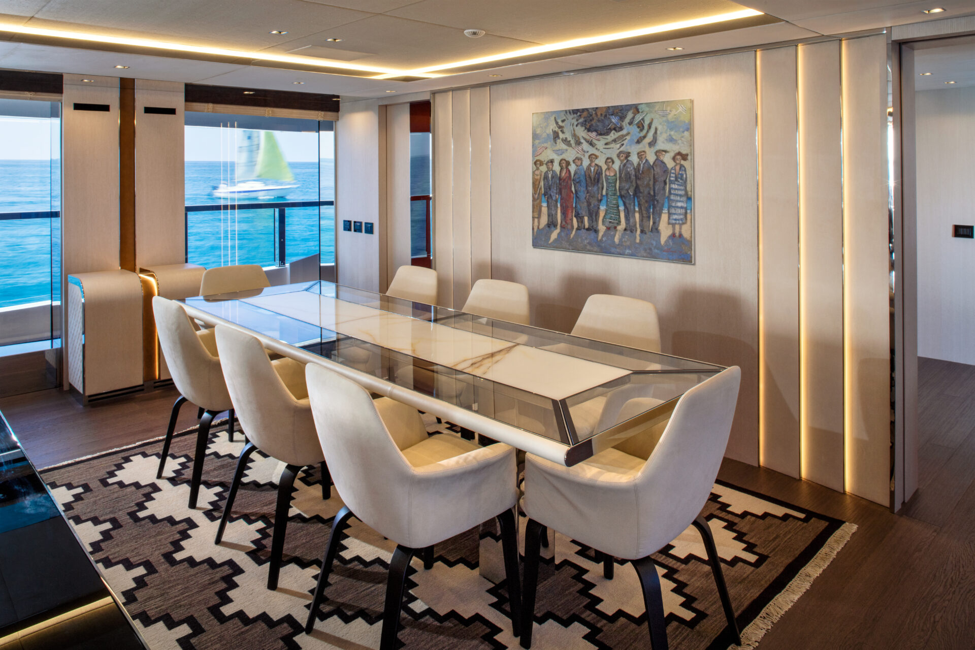 Luxurious yacht dining room with ocean view.