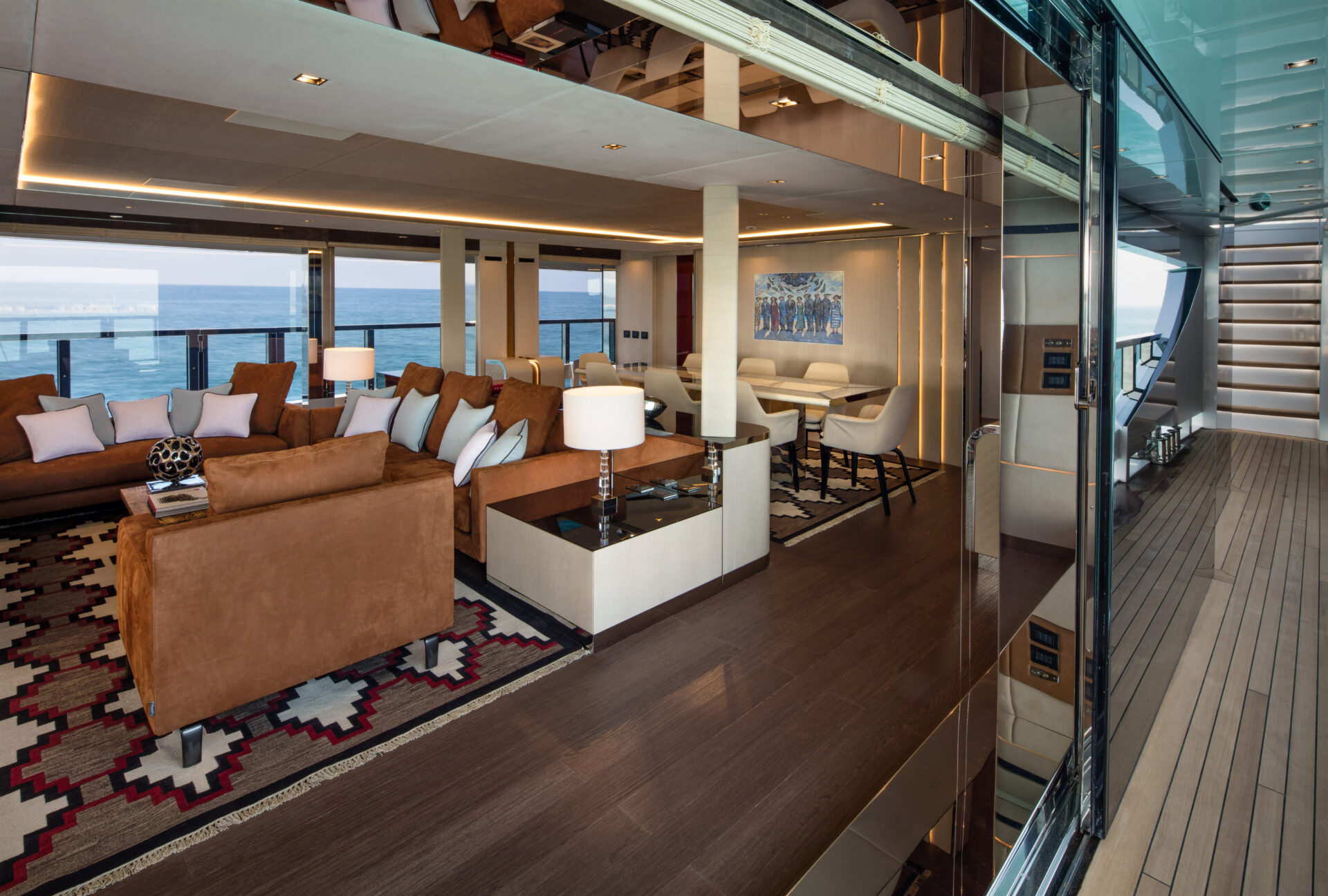 Luxurious yacht interior, ocean view, elegant decor