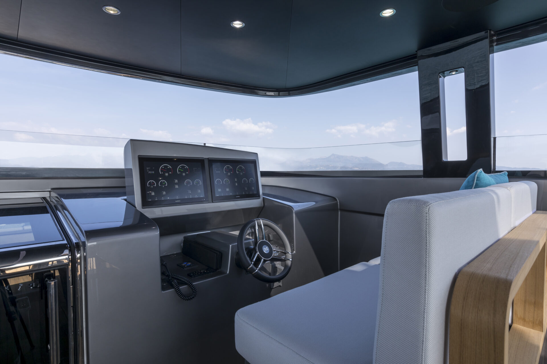 Luxury yacht helm with modern dashboard controls