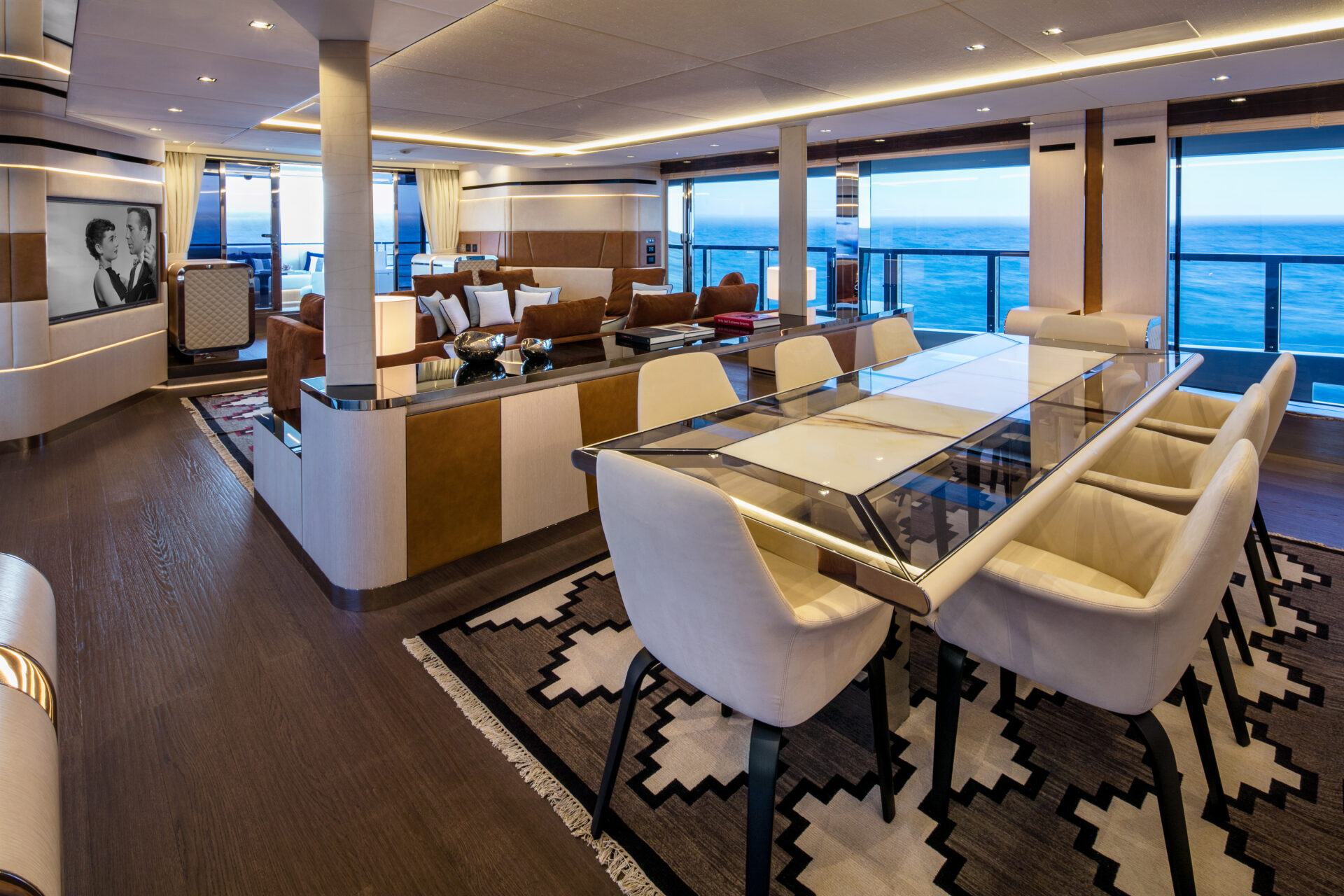 Luxurious Mangusta yacht interior dining area.