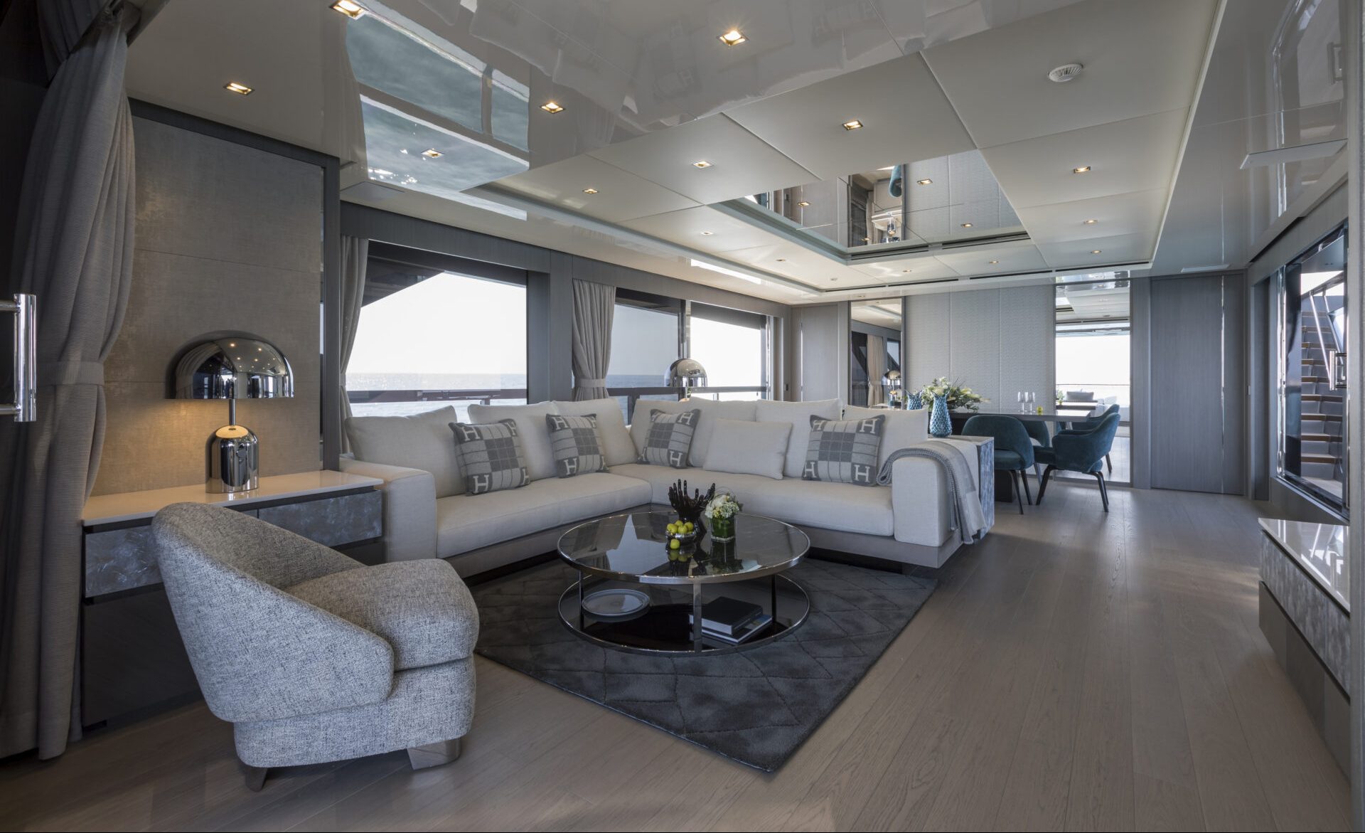 Luxurious Mangusta yacht interior lounge area