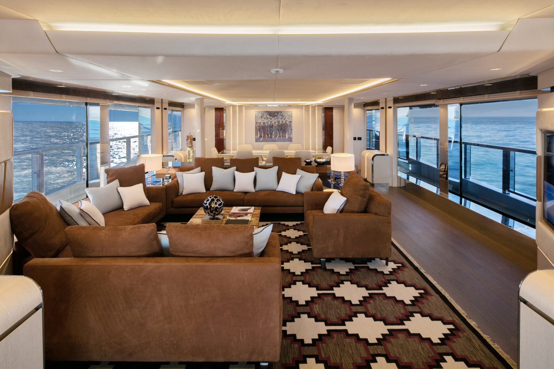 Luxurious yacht lounge with ocean view