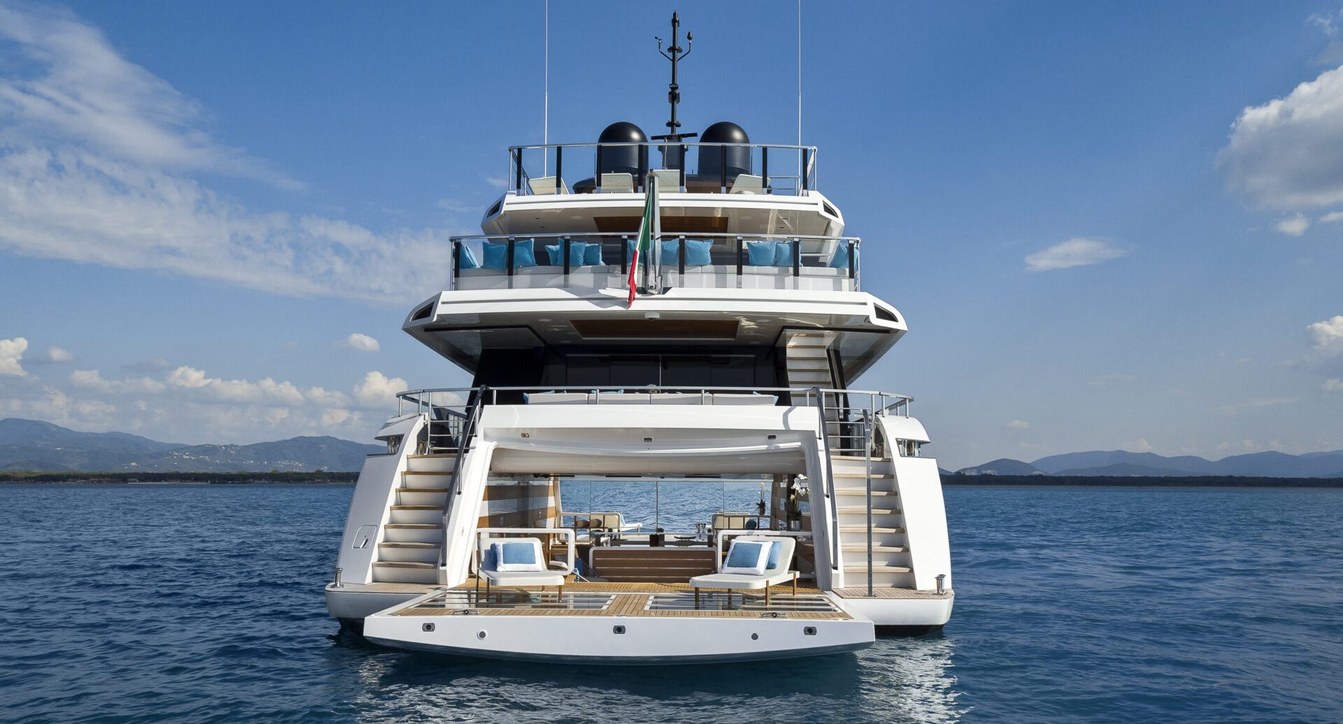 Mangusta yacht rear view on open sea