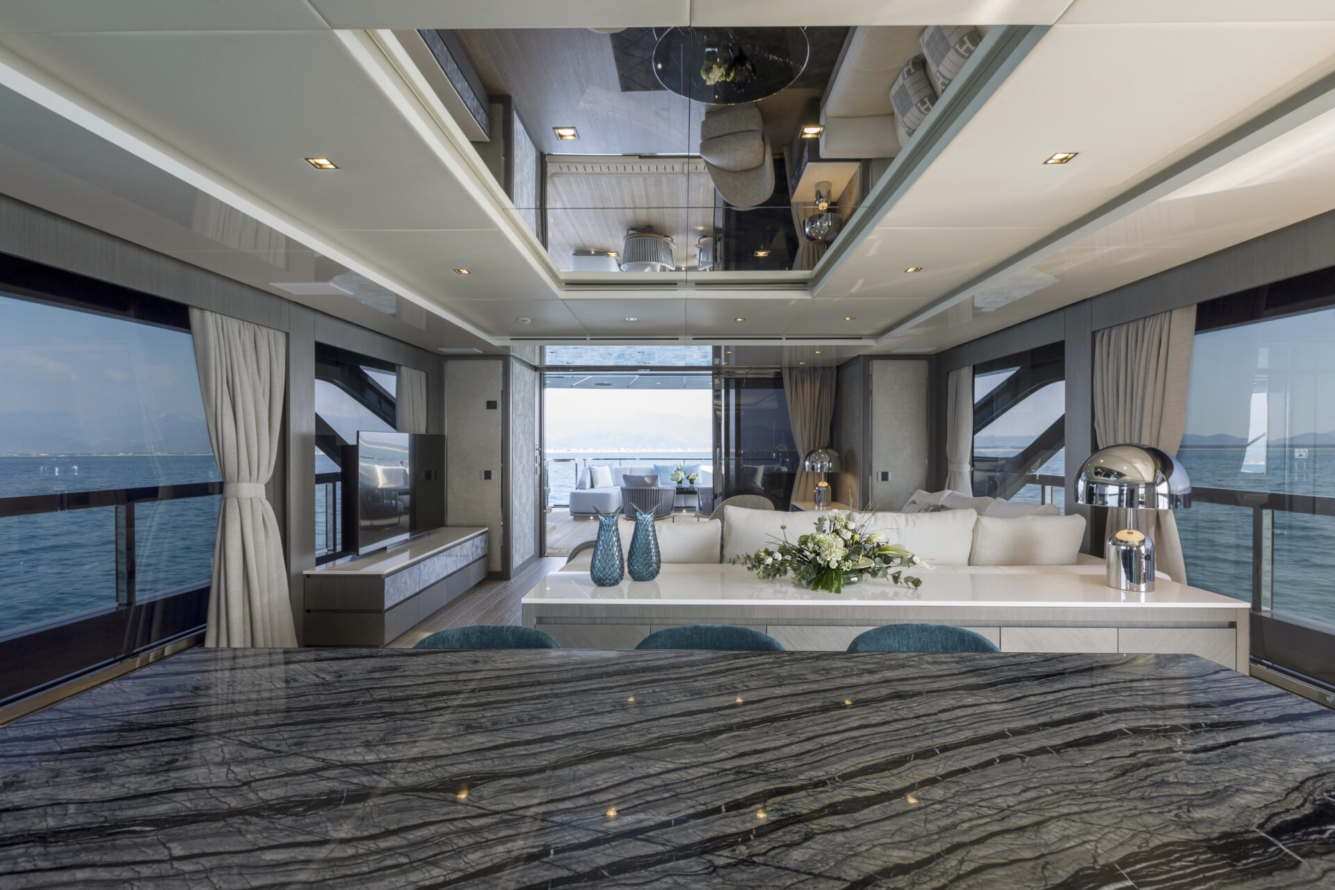Luxurious yacht interior with sea view