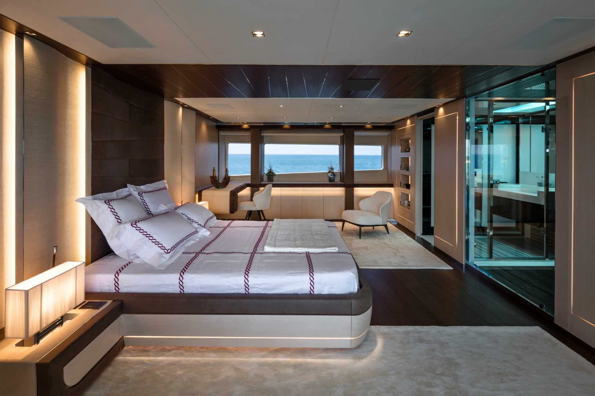 Luxurious Mangusta yacht master bedroom suite.