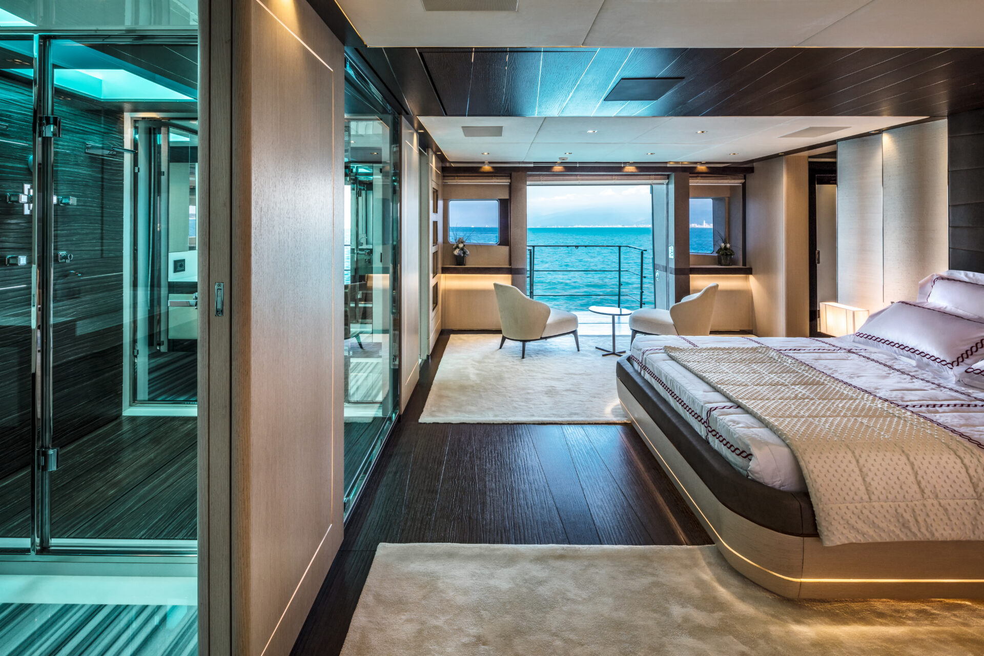 Luxurious Mangusta Yachts master bedroom interior
