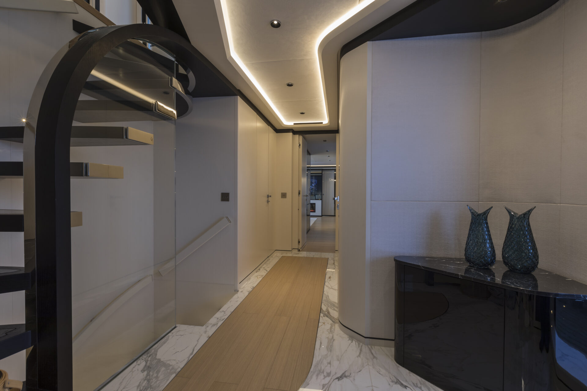 Elegant yacht interior with modern staircase design