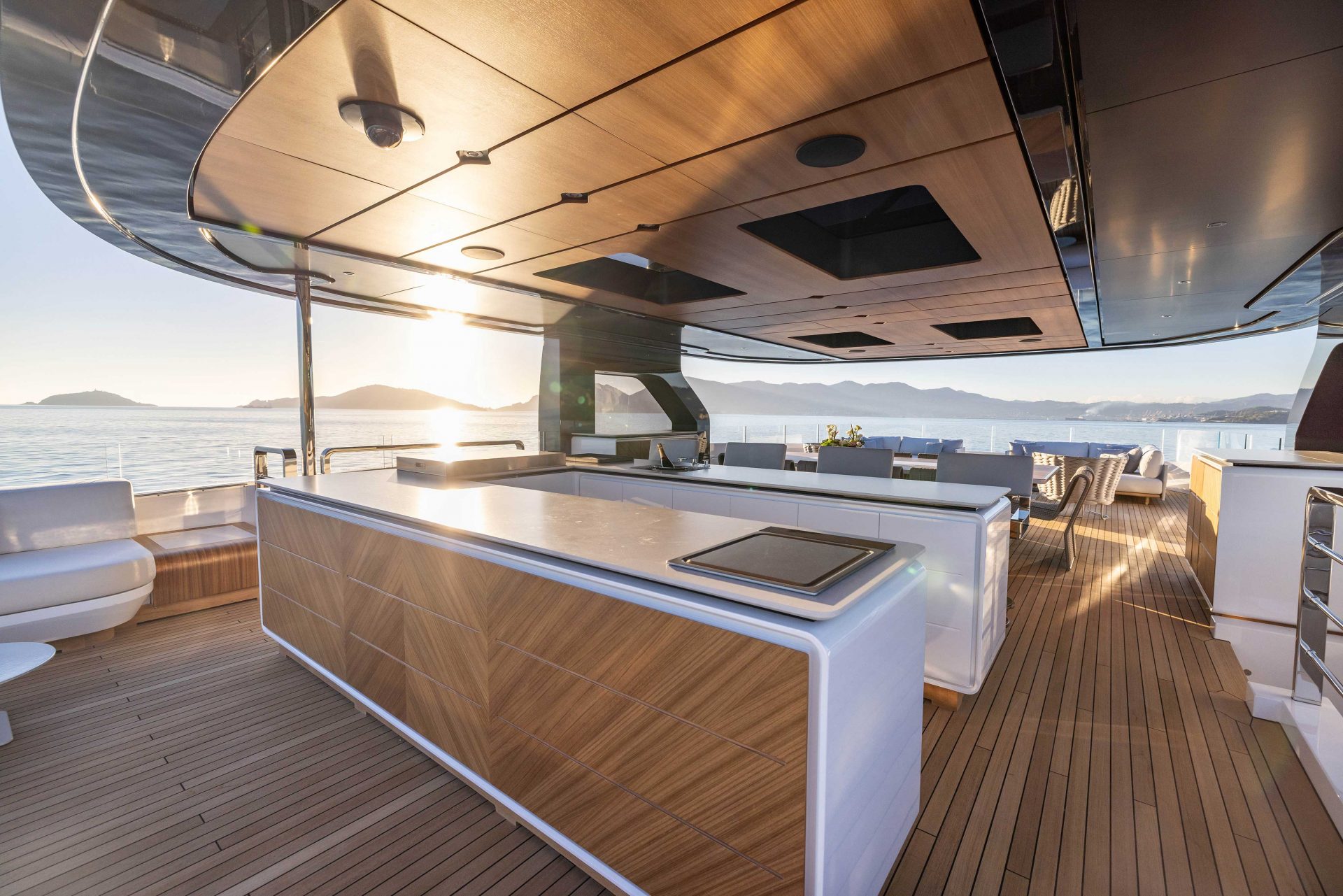 Luxury yacht deck with modern outdoor kitchen