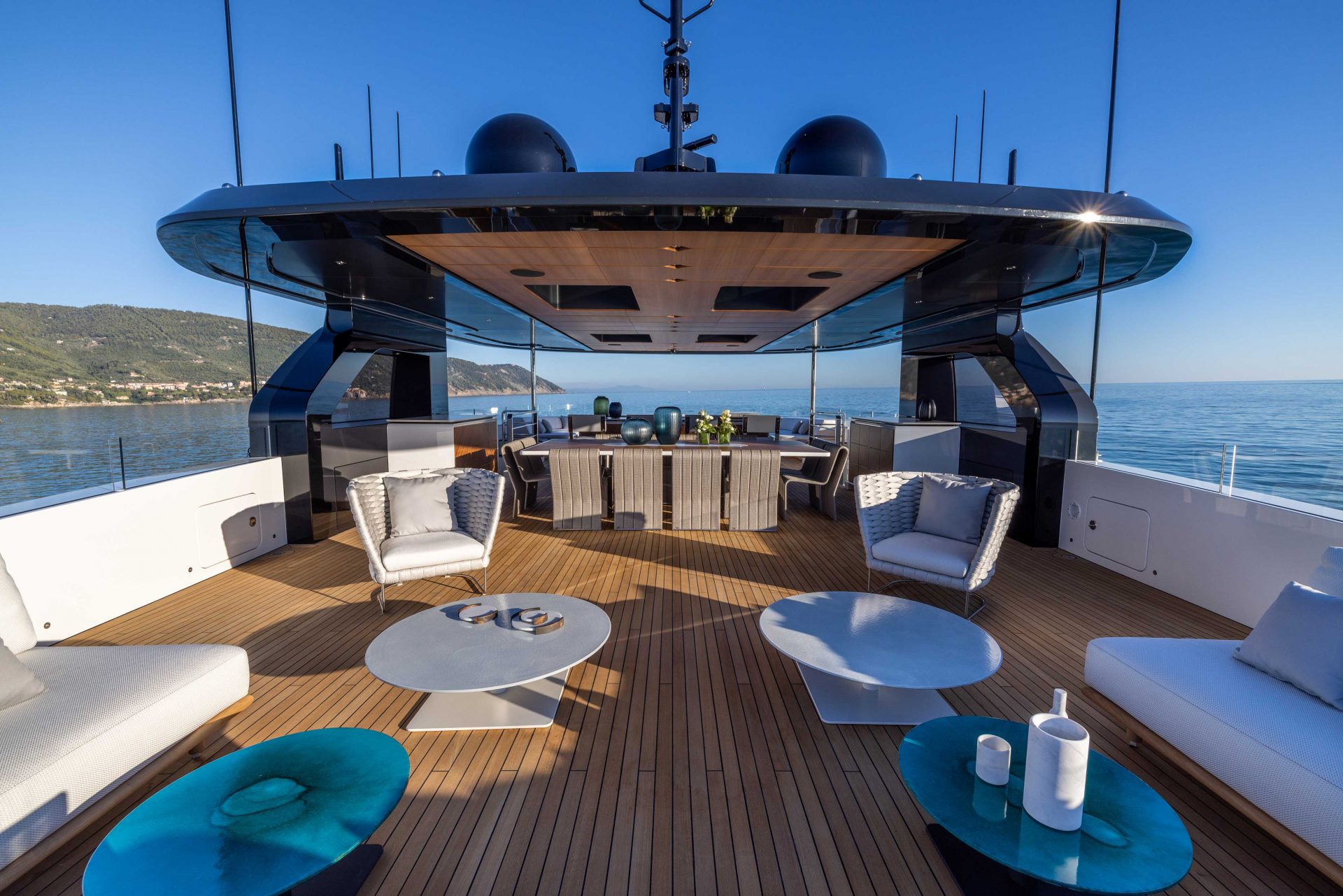 Open-air deck on luxury Mangusta yacht