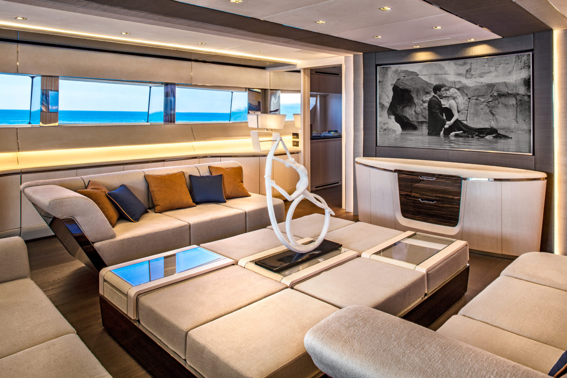 Luxurious Mangusta yacht interior lounge decor