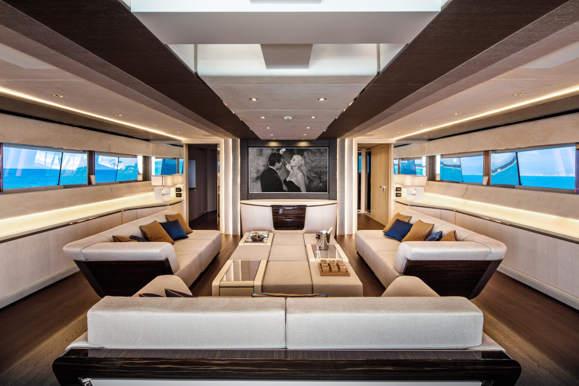 Luxurious interior of Mangusta yacht salon.