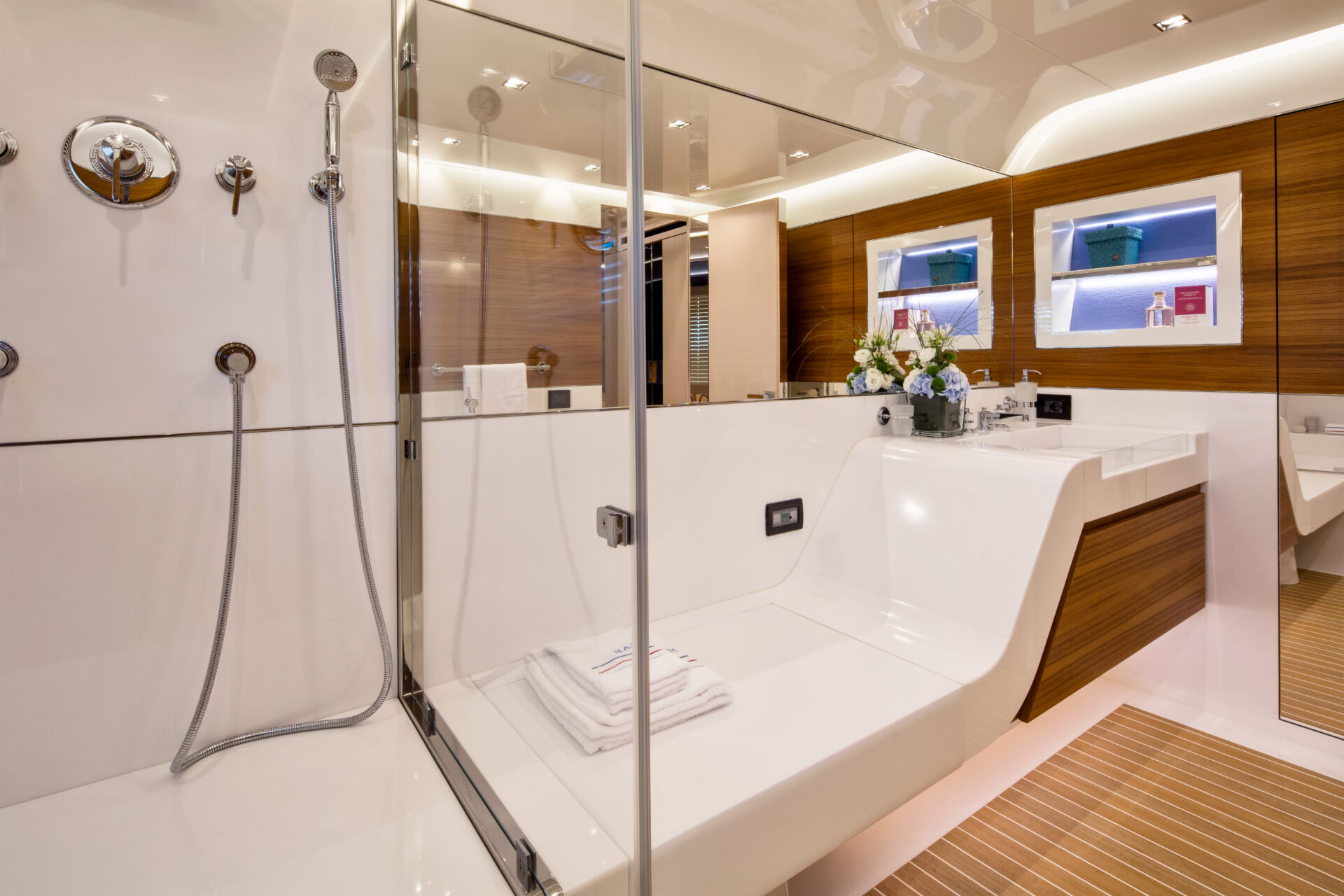 Luxurious bathroom on a Mangusta Yacht