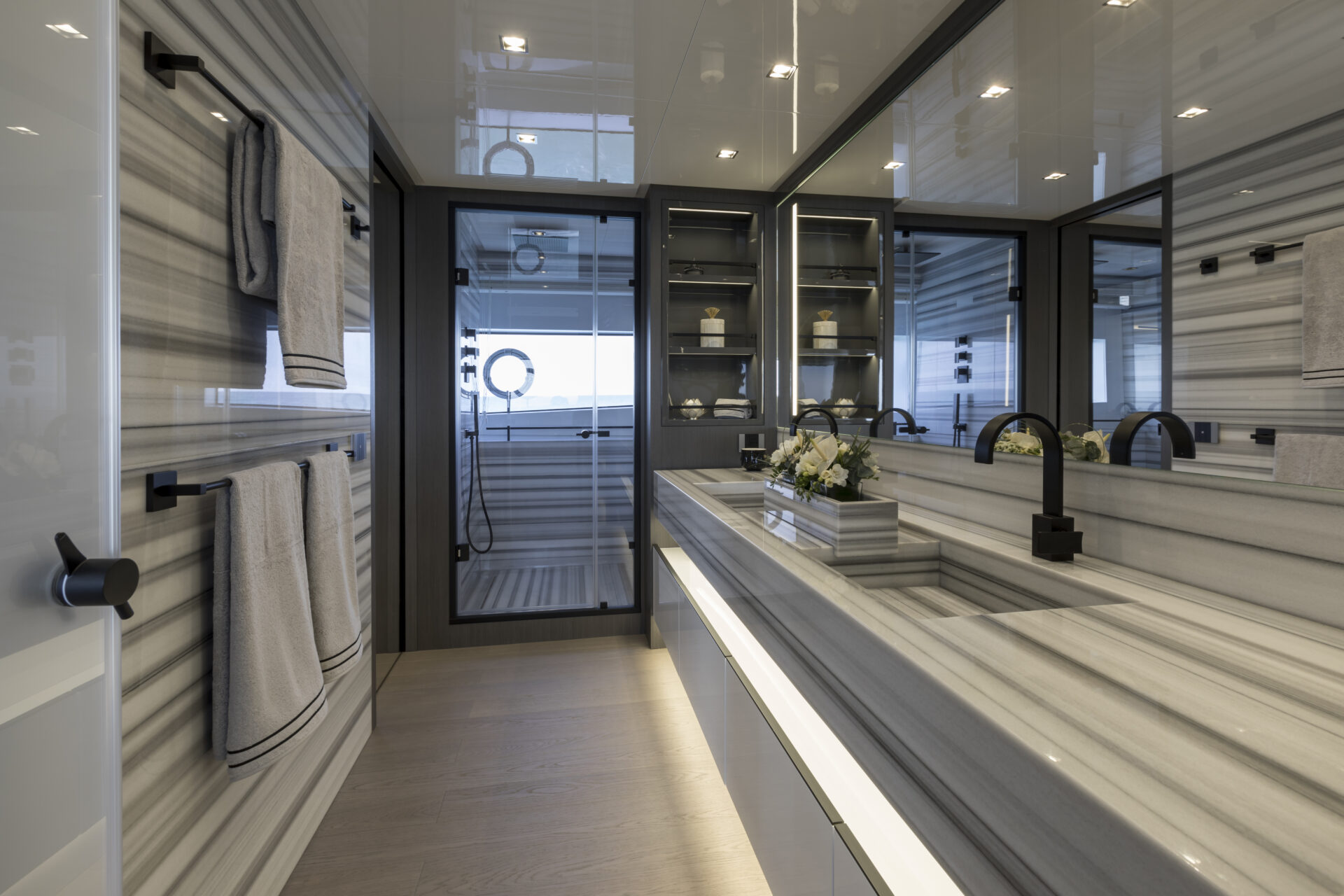 Luxurious yacht bathroom with marble finish