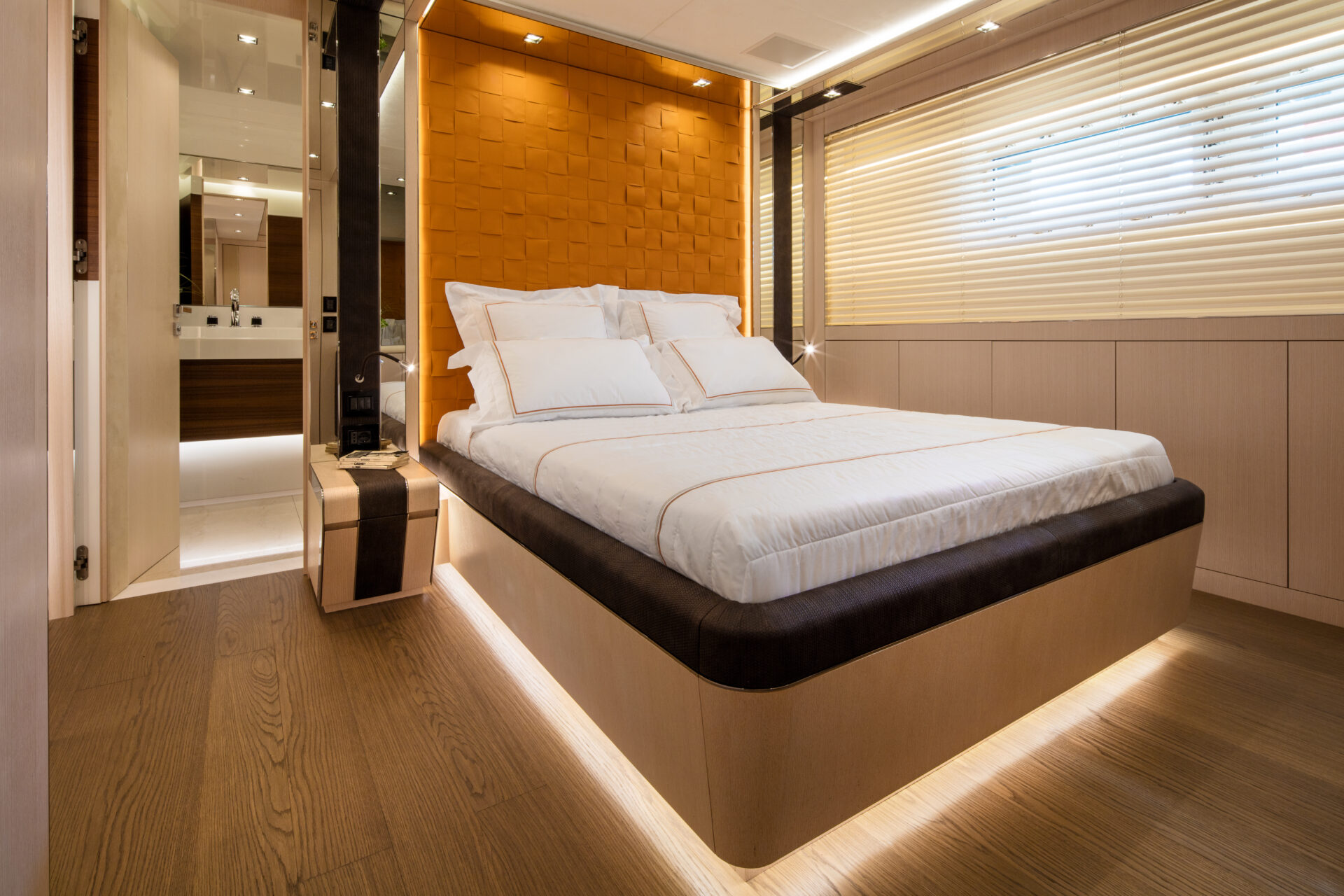 Luxury yacht cabin with modern interior design.