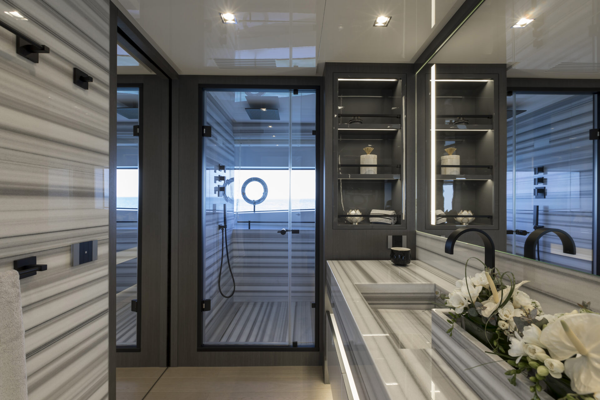 Luxury yacht bathroom with modern marble design