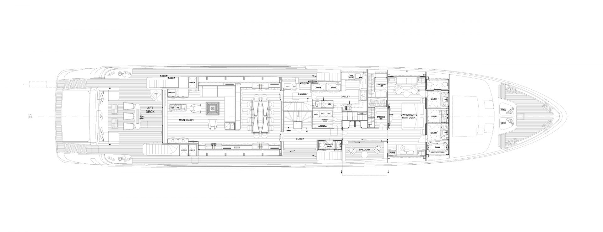 Main deck layout of Mangusta yacht with suites