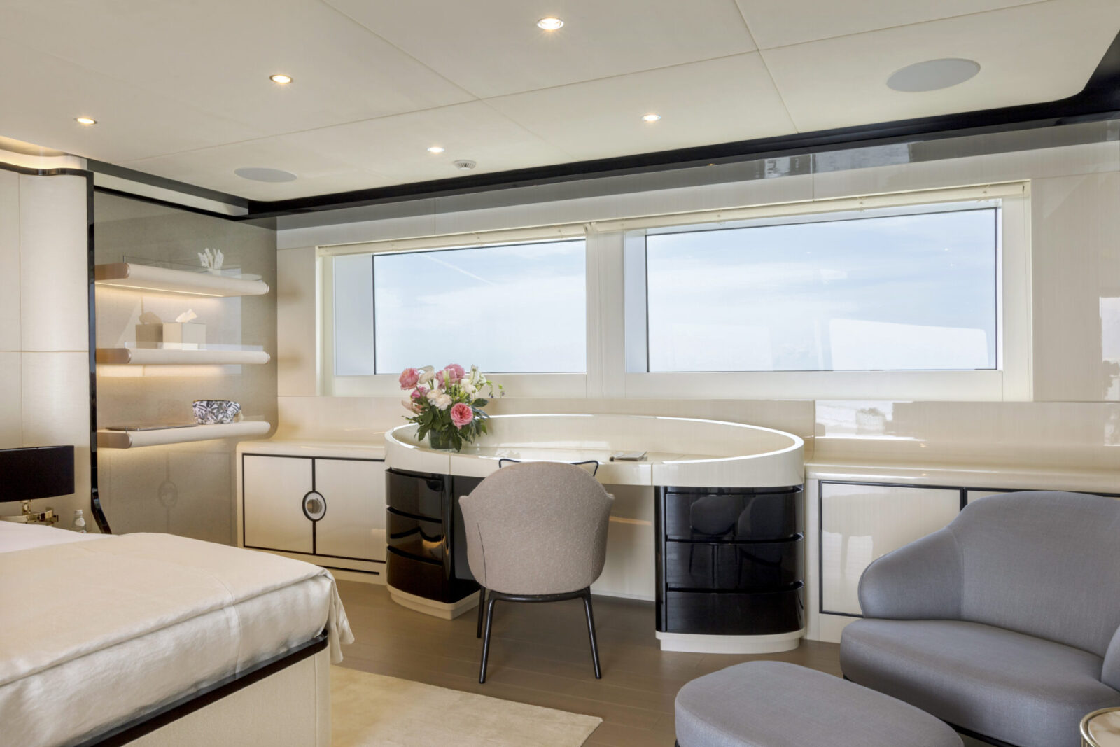 Luxurious yacht cabin with elegant decor.